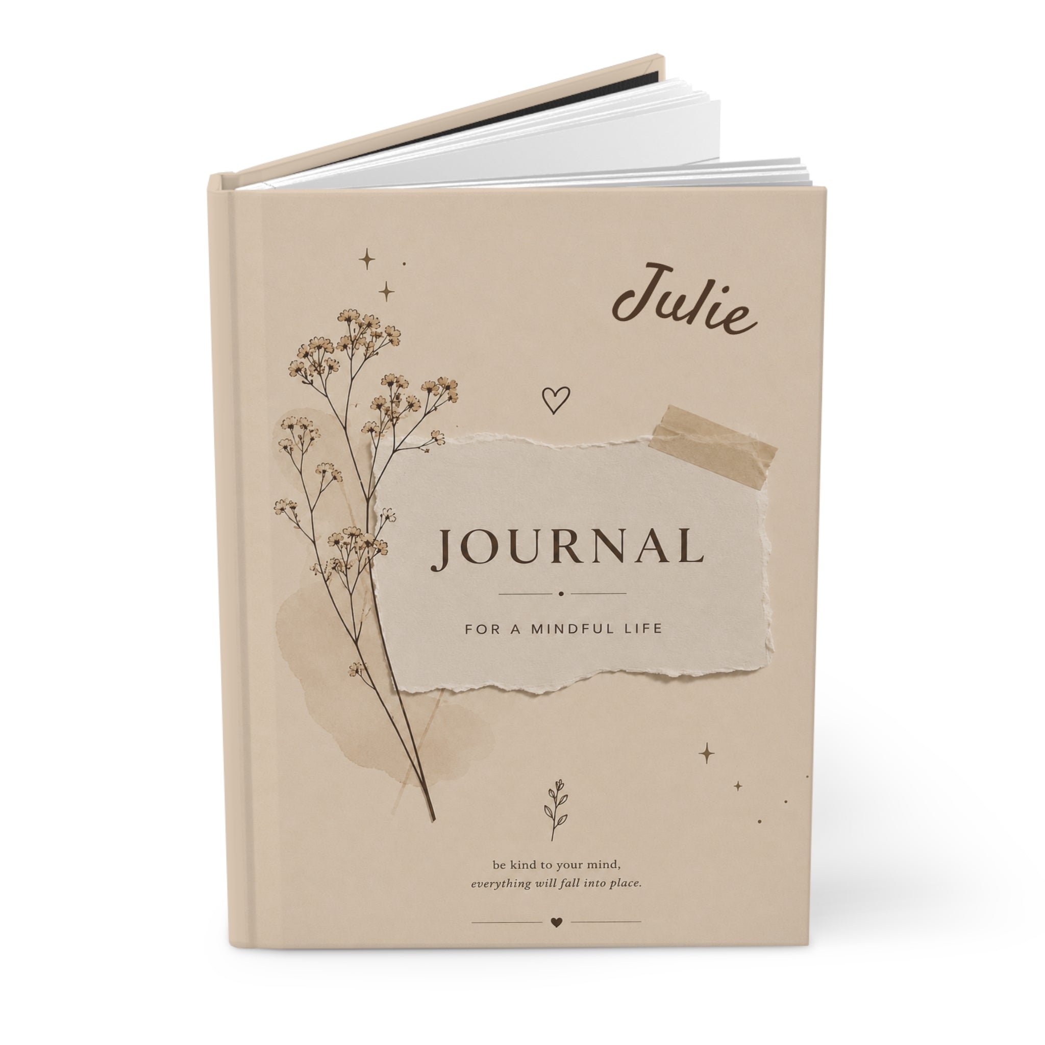 Personalized Neutral Aesthetic Journal, Custom Name Notebook, Minimalist Beige Floral Journal, Mindfulness Diary Gift for Women