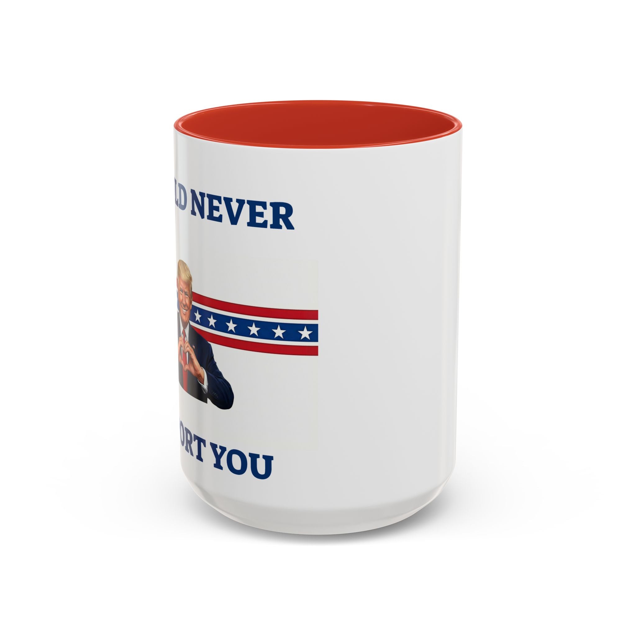 Printify sarcastic Trump mug with "I Would Never Deport You" slogan, perfect for political meme gift or gag gift for friends.