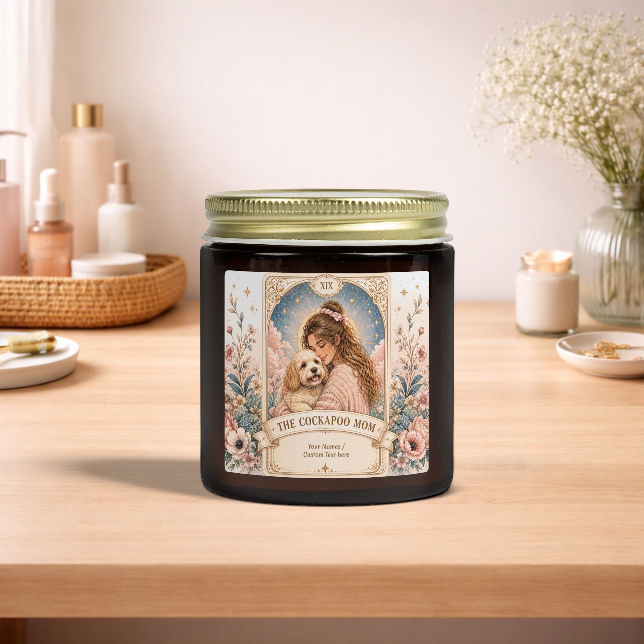 Personalized Tarot 'The Cockapoo Mom' scented candle in coconut apricot scent, 4oz or 9oz, custom printed with unique design.