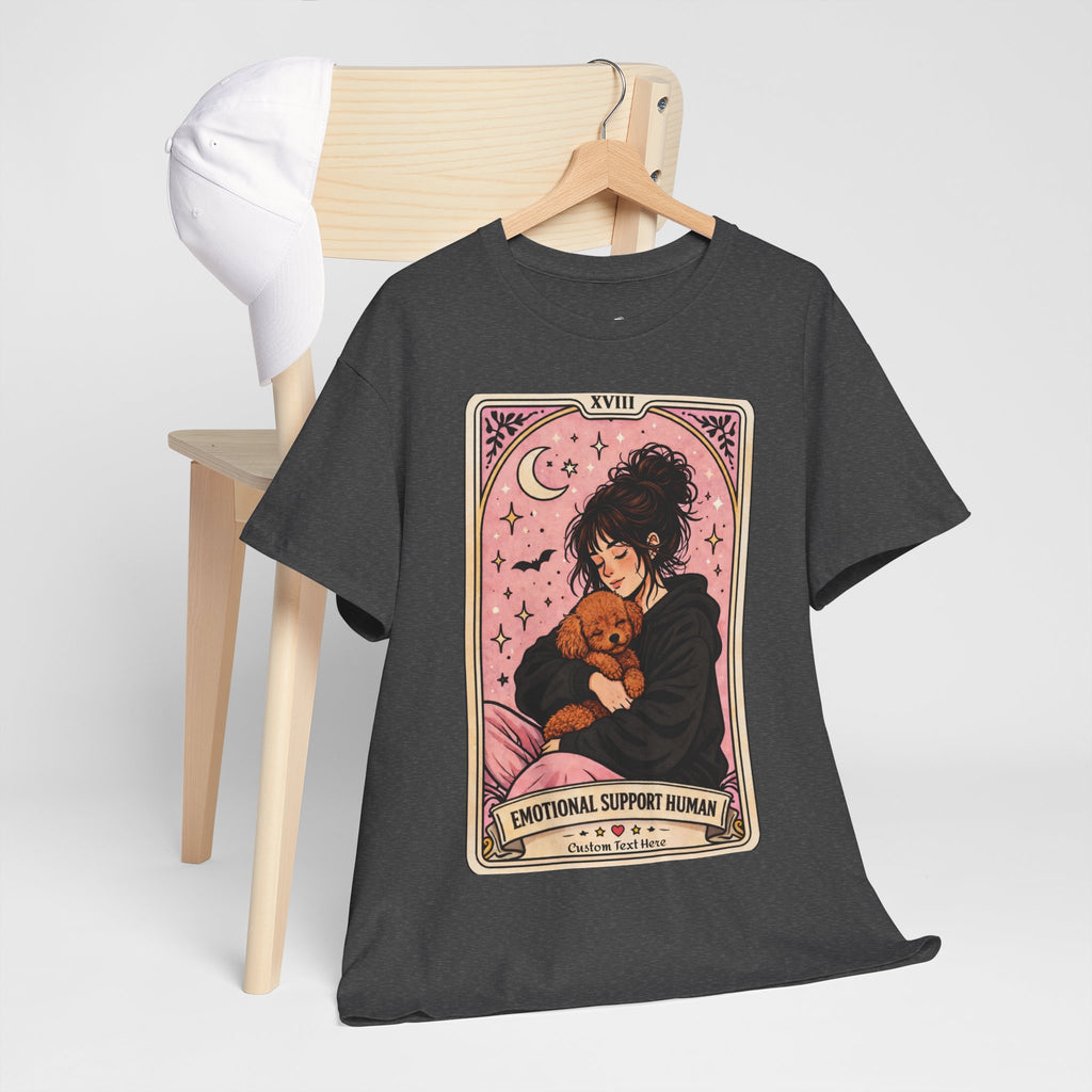 Personalized emotional support human T-shirt featuring a funny dog mom tarot design, ideal for poodle mom humor and anxiety comfort.