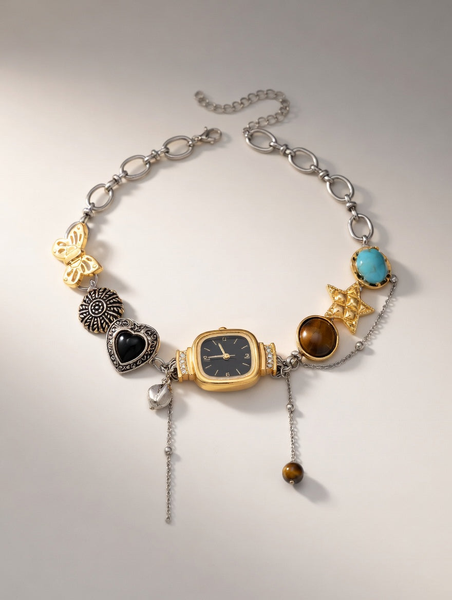 Boho black vintage watch choker necklace by CloudRaspberry Studio featuring square watch pendant with black or red dial and whimsical design.