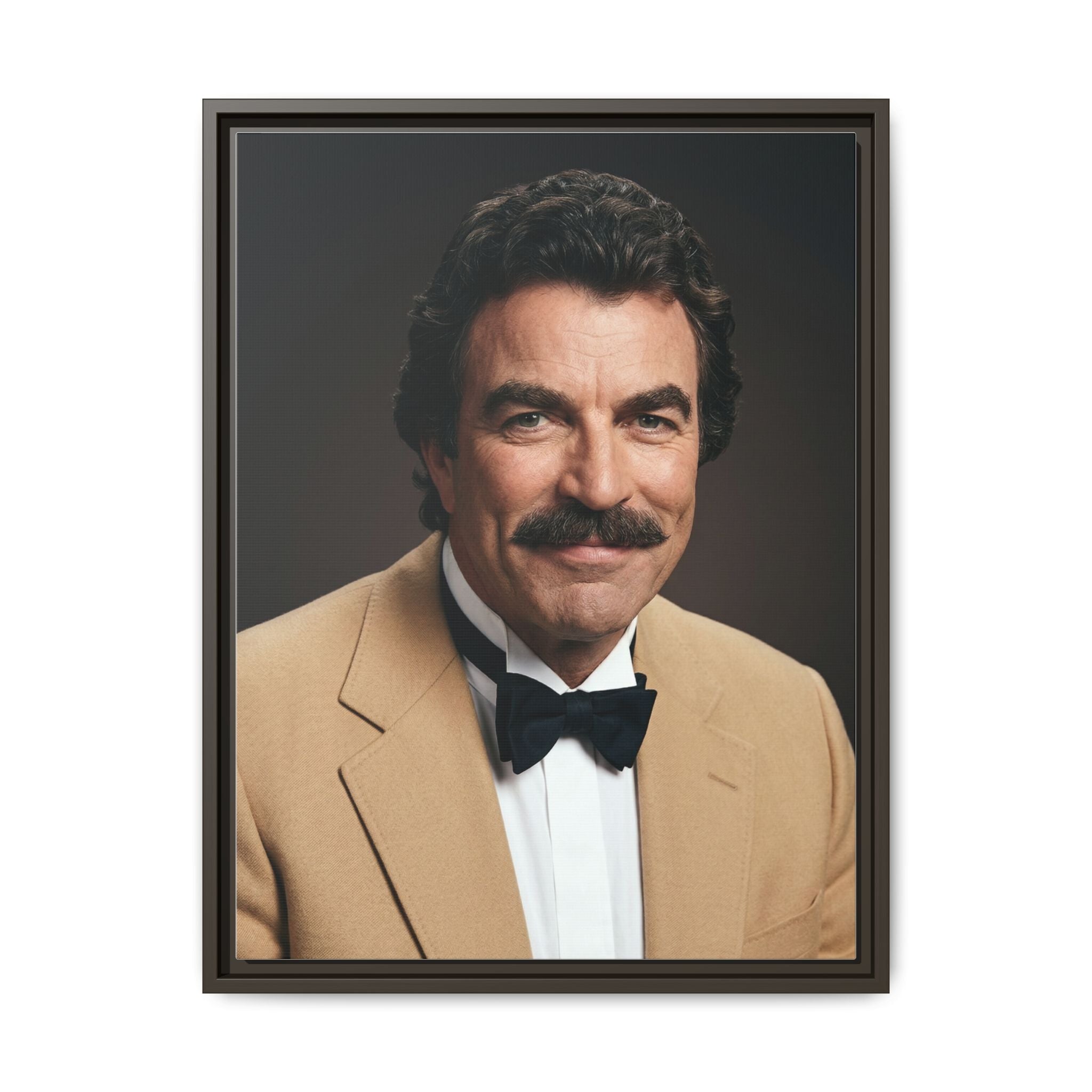 Vintage canvas portrait of a man with a wooden frame, perfect for retro man cave bar decor, by Printify.