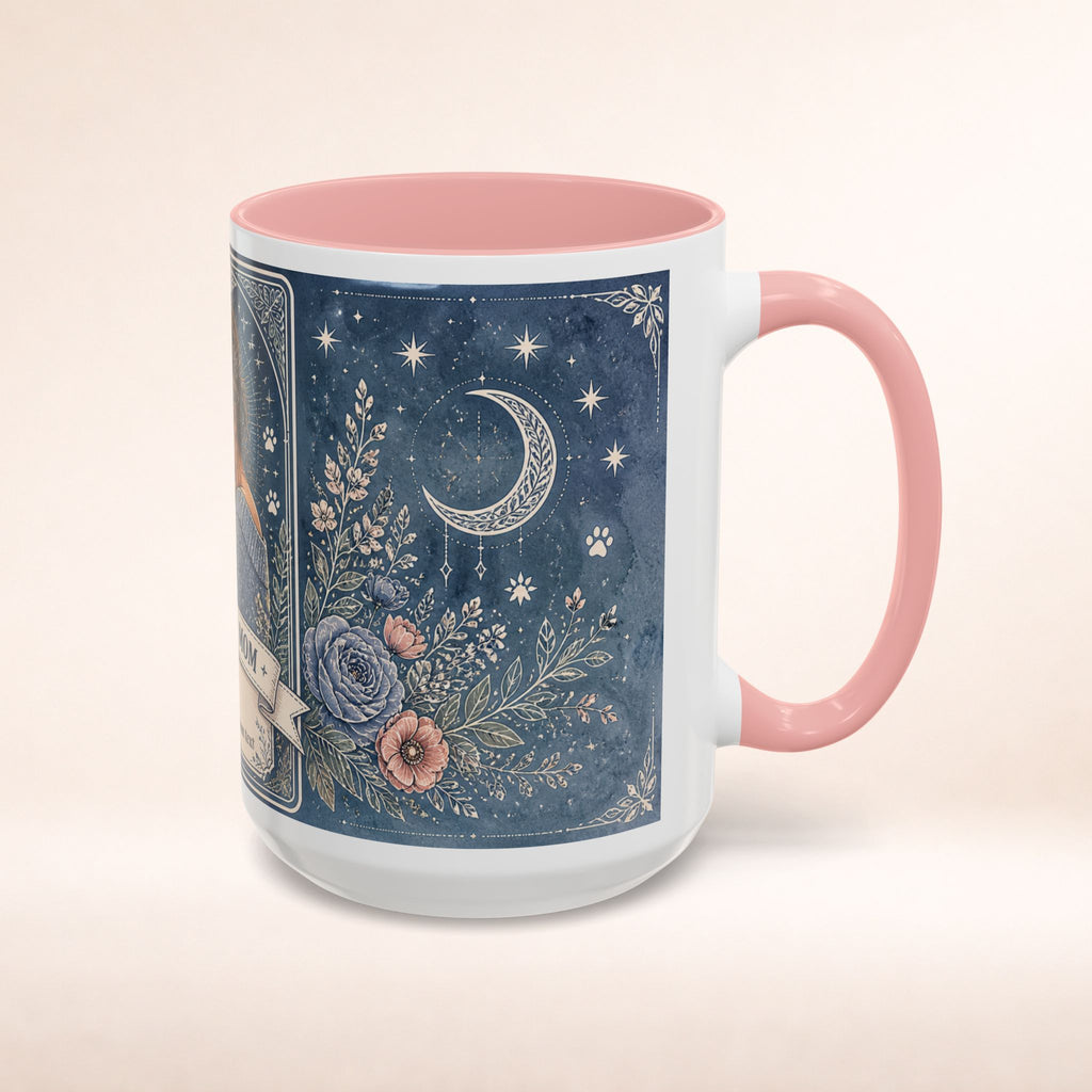 Personalized 'The Corgi Mom' tarot card coffee mug featuring a cute dog mom design, perfect for dog lovers and custom gift lovers.