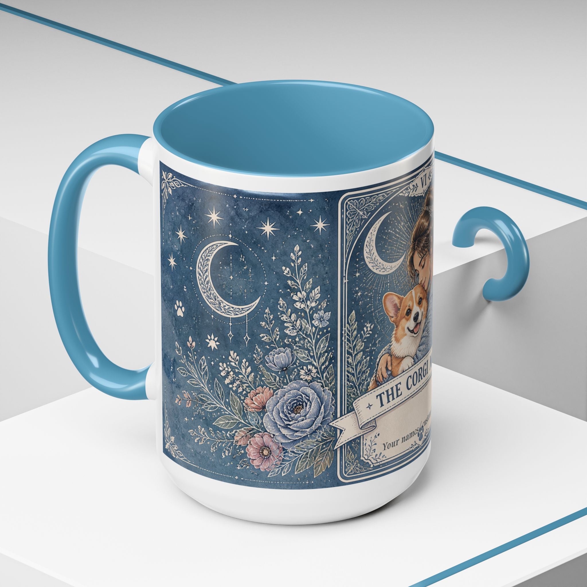 Personalized 'The Corgi Mom' tarot card coffee mug with dog illustration, ideal for dog mom gift, by Printify.