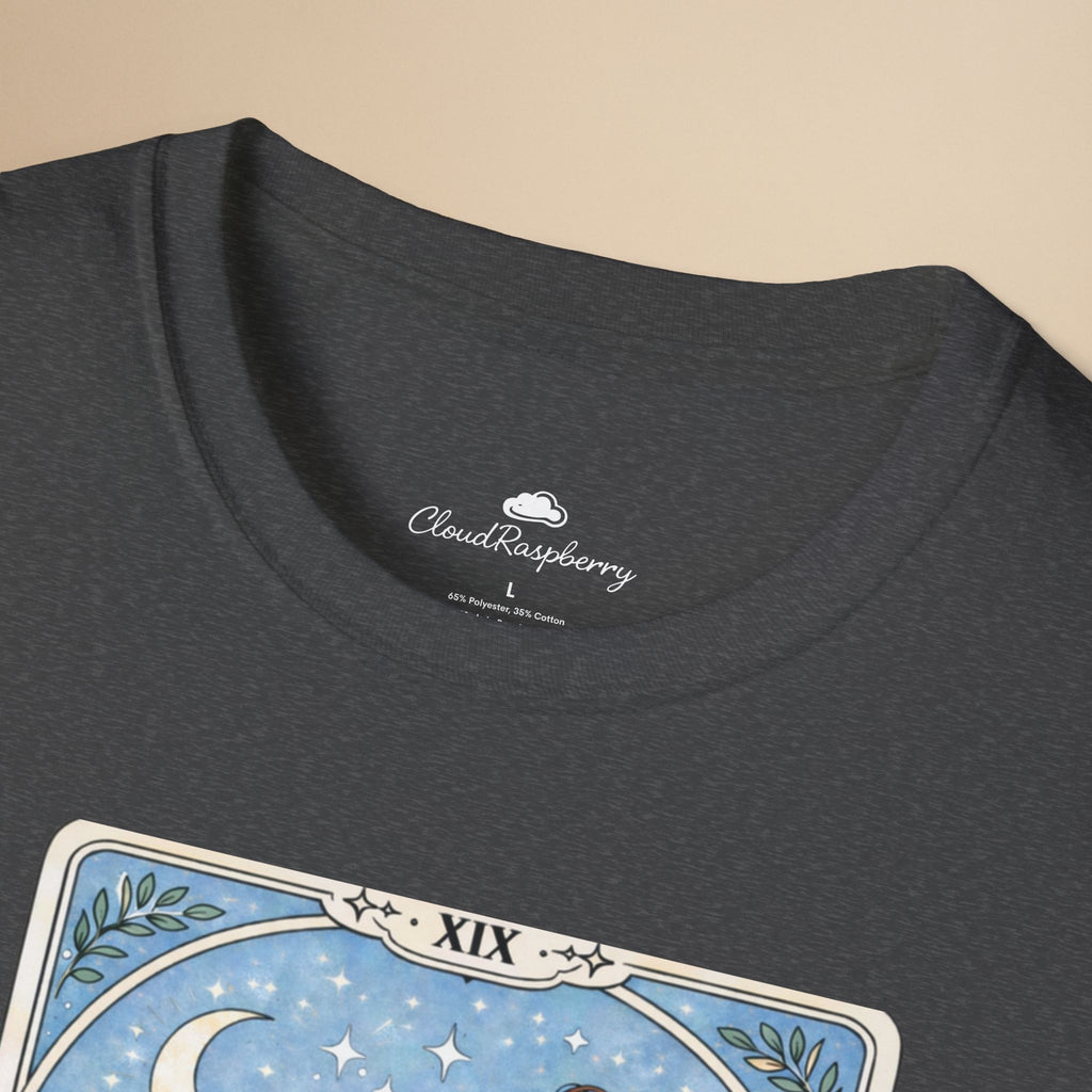 Personalized Chow Chow Mom tarot card T-shirt with custom dog mom name, featuring a colorful Chow Chow graphic and zodiac symbols.
