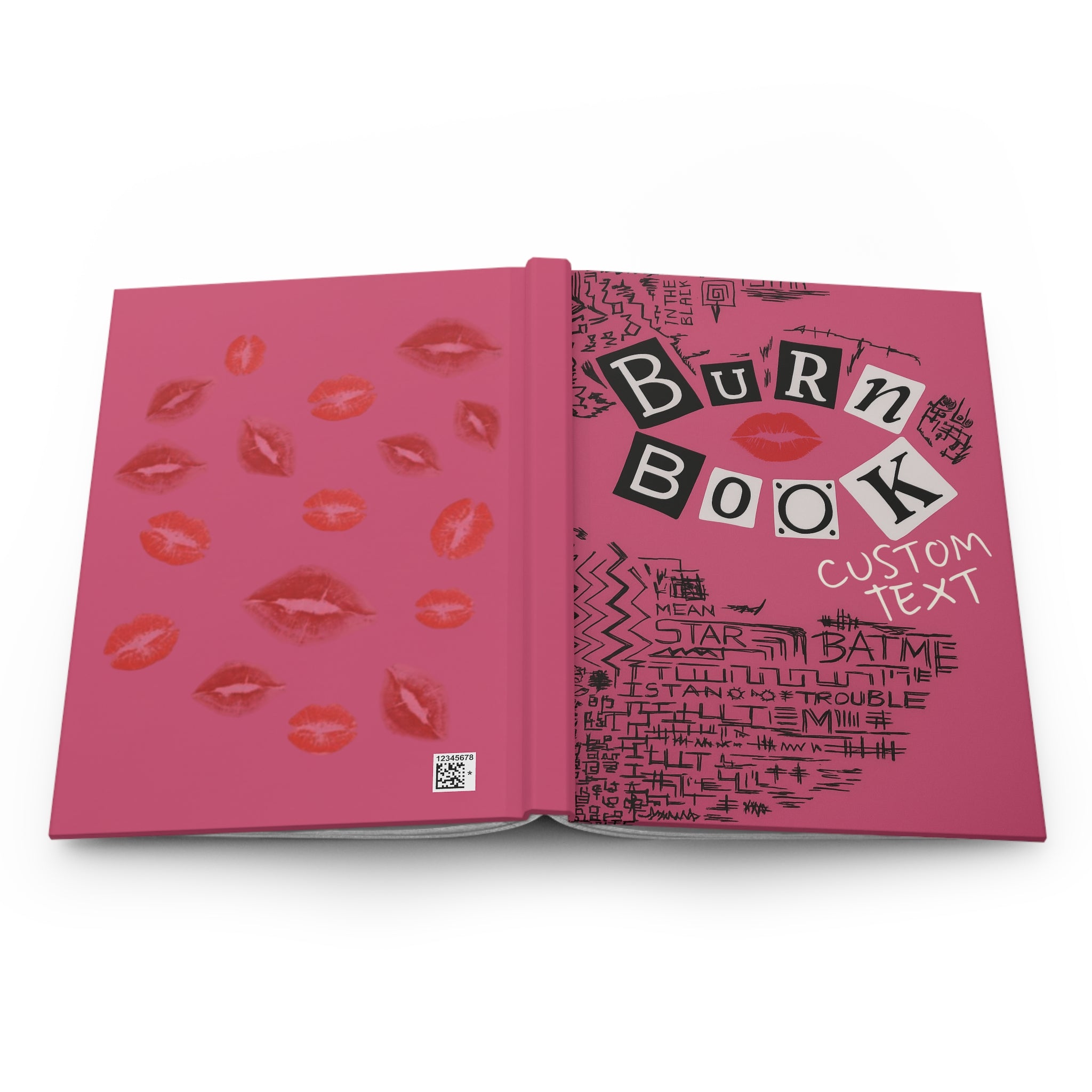 Personalized pink Y2K aesthetic burn book journal by Printify, custom notebook with decorative paper cover and creative design.
