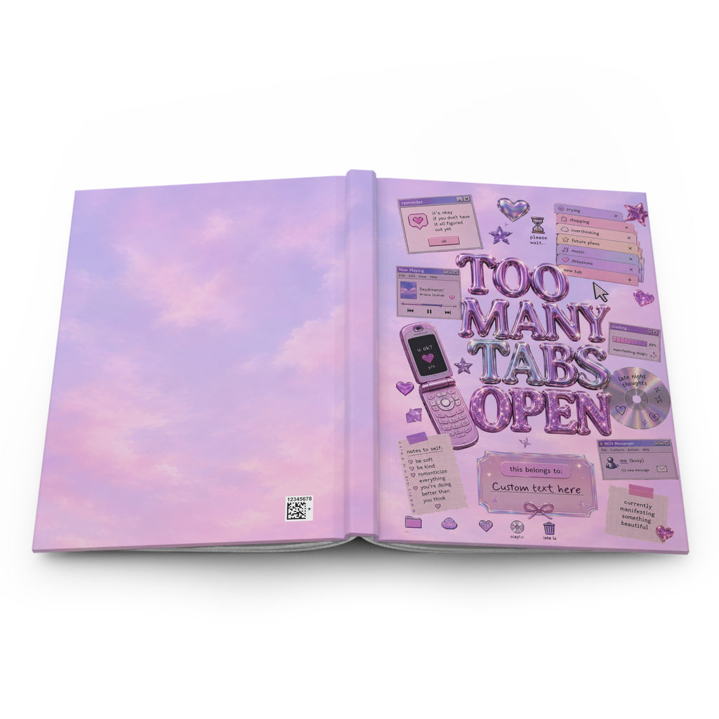 Pink retro notebook titled "Too Many Tabs Open" featuring Y2K internet girl aesthetic, personalized paper journal by Printify.