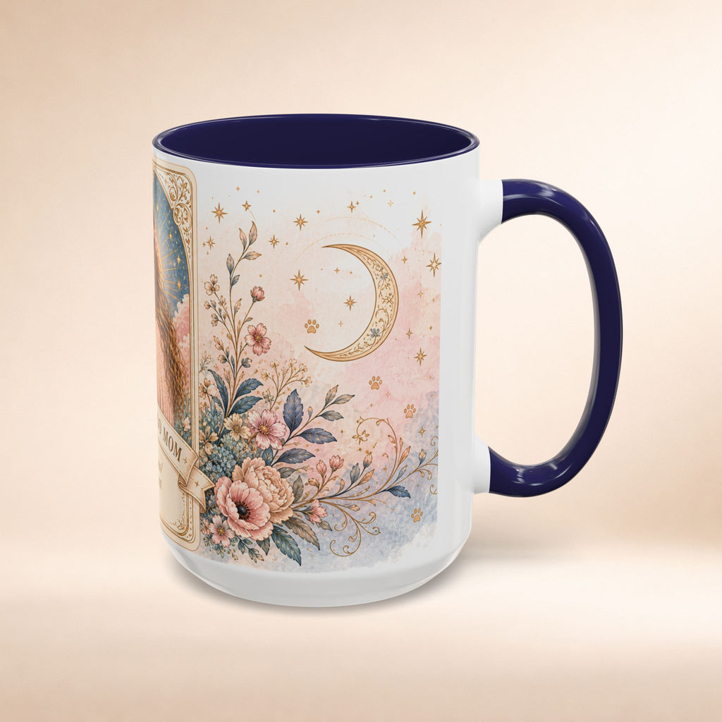 Personalized floral tarot-style dog mom mug with "The Cockapoo Mom" text, custom accent coffee mug by Printify, 11oz.