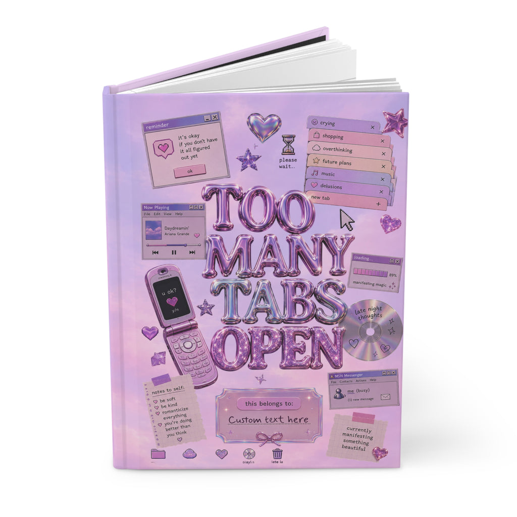 Pink retro journal with "Too Many Tabs Open" Y2K internet girl aesthetic design, personalized notebook for writing and note-taking.