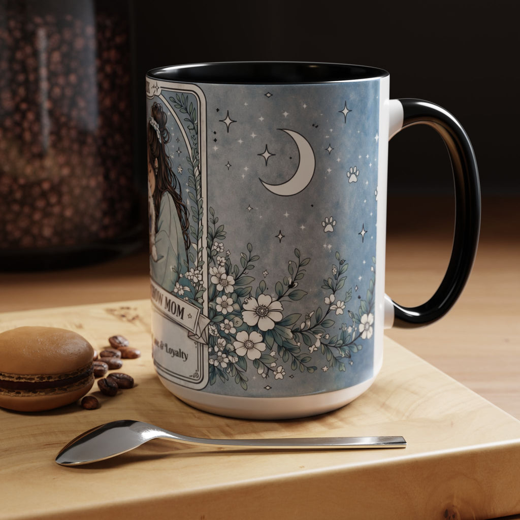 Personalized Chow Chow Mom tarot card mug with custom name, featuring a cute Chow Chow dog for dog lovers and coffee drinkers.