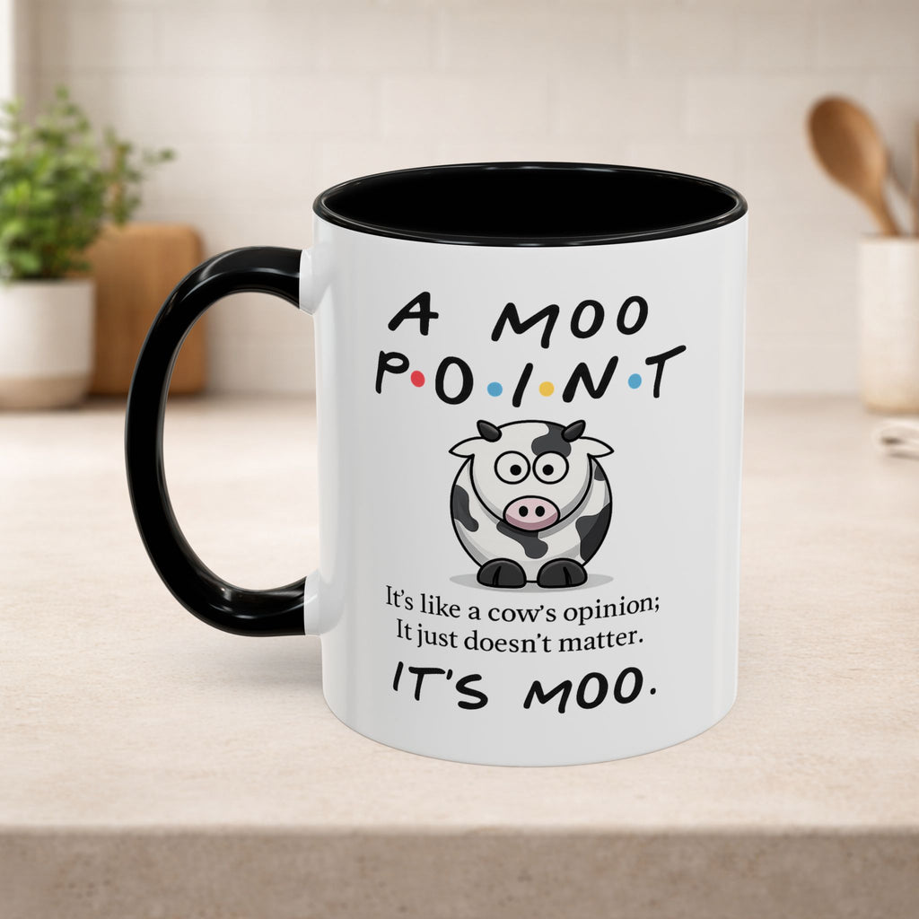 Printify Friends Moo Point Mug featuring a humorous cow design and the phrase "Moo Point" for coffee or tea.