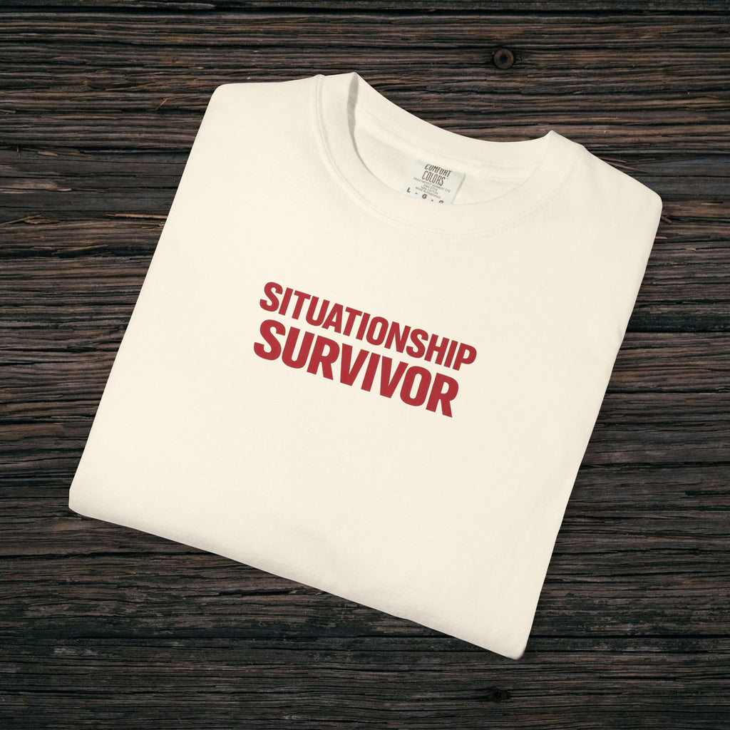 Funny Situationship Survivor T-shirt for women, featuring ironic breakup and single life design by Printify.