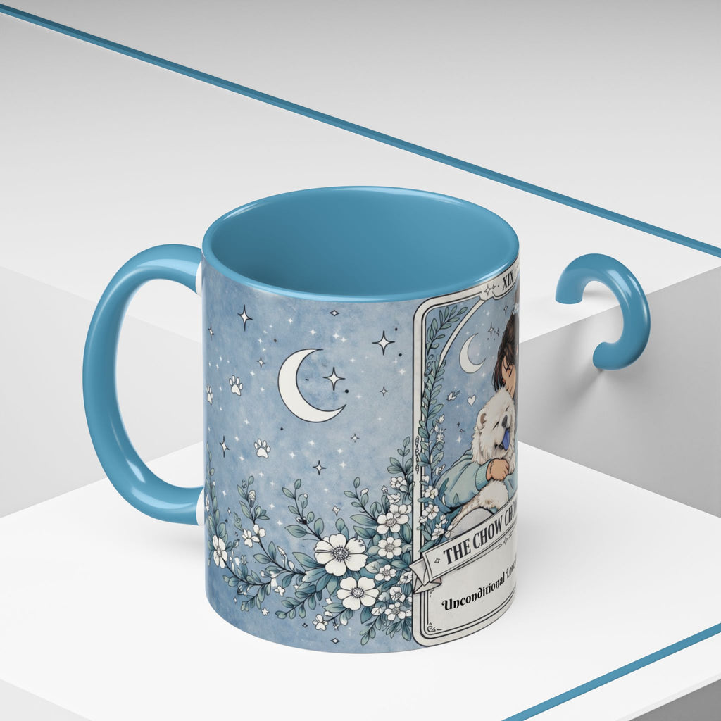Personalized Chow Chow Mom tarot card coffee mug with custom name, featuring a cute Chow Chow dog design for dog lovers.