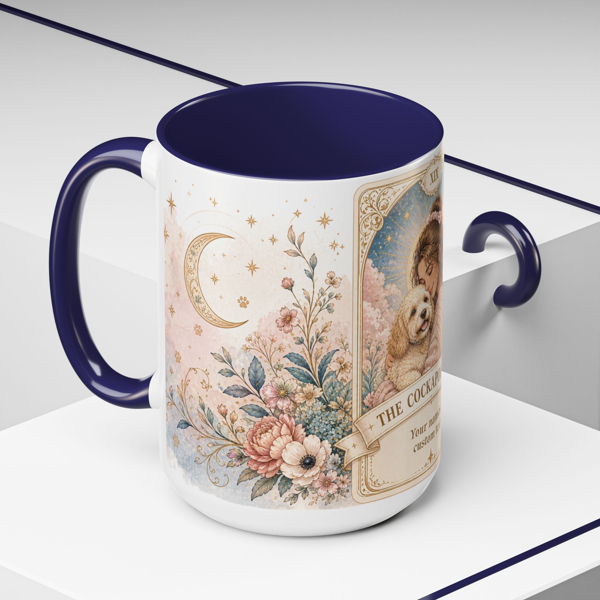 Personalized 'The Cockapoo Mom' floral tarot-style custom coffee mug, 11oz, perfect dog mom gift with unique design.