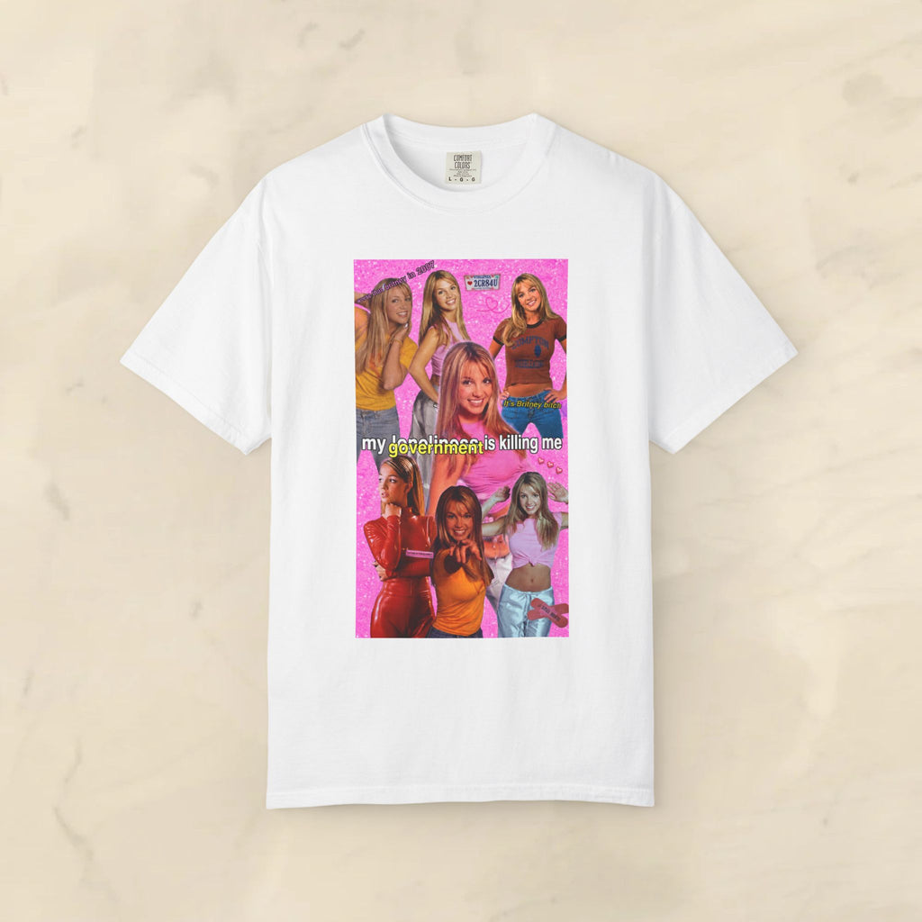 Cotton Y2K Britney Spears "My Loneliness Is Killing Me" government meme T-shirt, front view showing graphic print and casual fit.