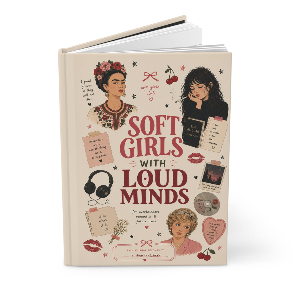 Personalized soft cover journal featuring inspired designs of Frida Kahlo, Sylvia Plath, and Princess Diana, with lined pages.