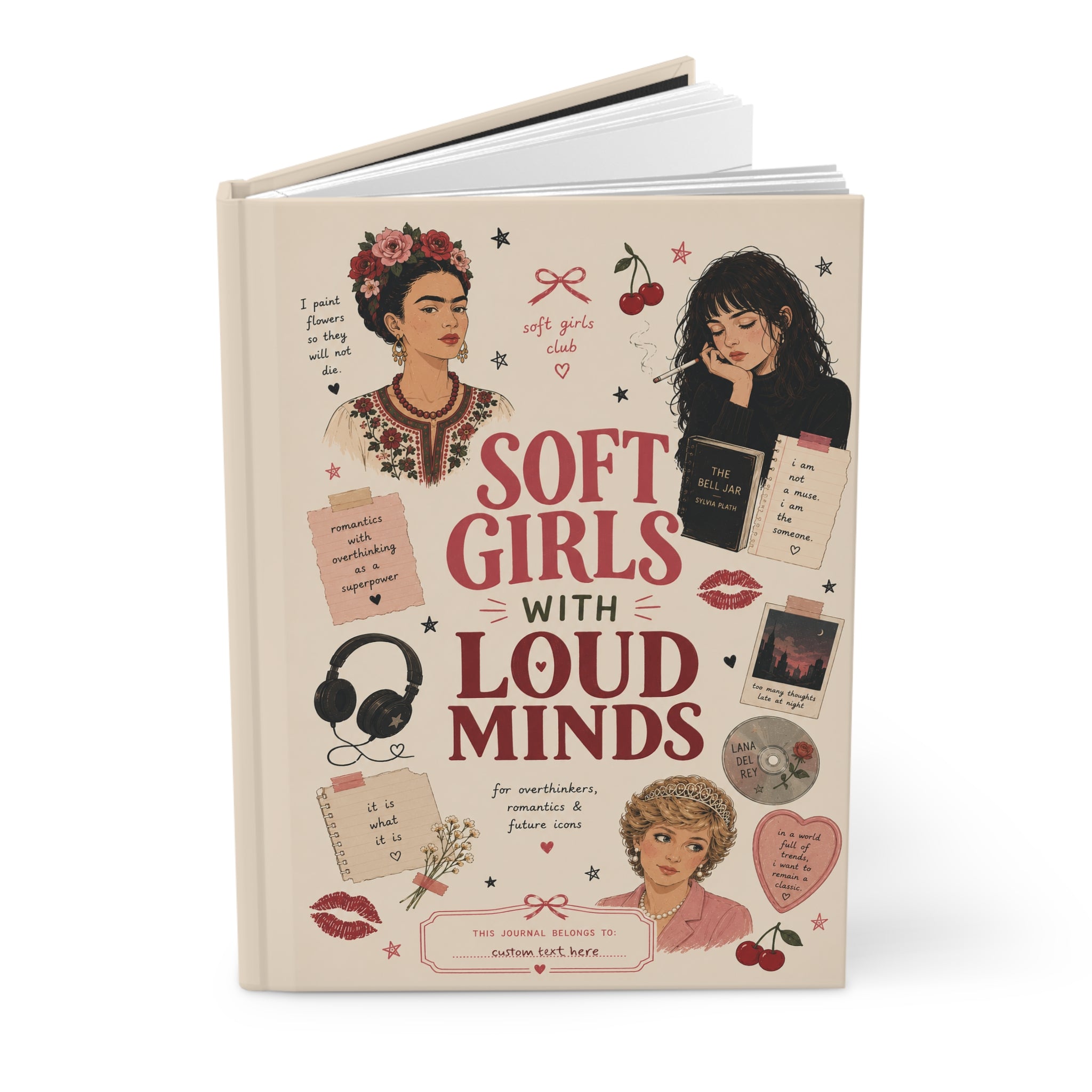 Personalized soft cover journal featuring inspired designs of Frida Kahlo, Sylvia Plath, and Princess Diana, with lined pages.