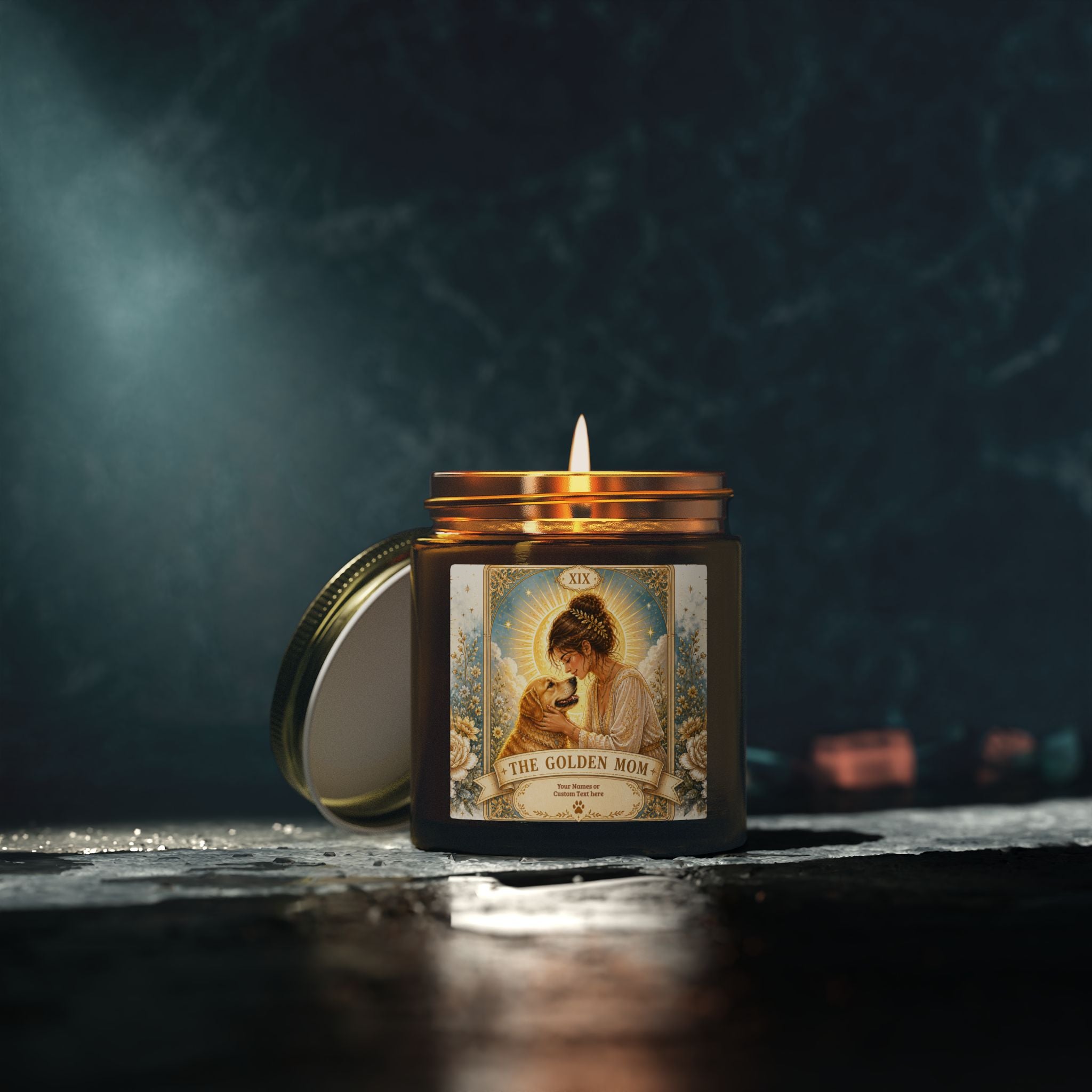 Decorative scented candle from Printify featuring Tarot 'The Golden Mom' design in coconut apricot scent, available in 4oz and 9oz sizes.