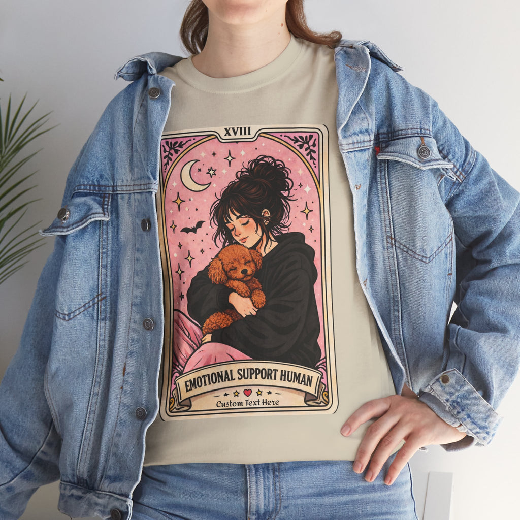 Personalized emotional support T-shirt featuring a funny dog mom tarot design, perfect for poodle moms and anxiety comfort.
