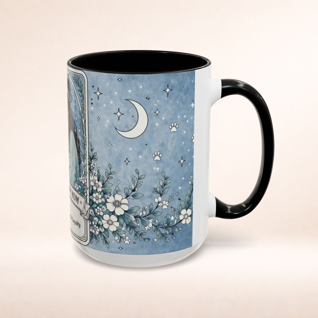 Personalized Chow Chow Mom tarot card mug with custom name, featuring a dog lover gift design for Chow Chow enthusiasts.