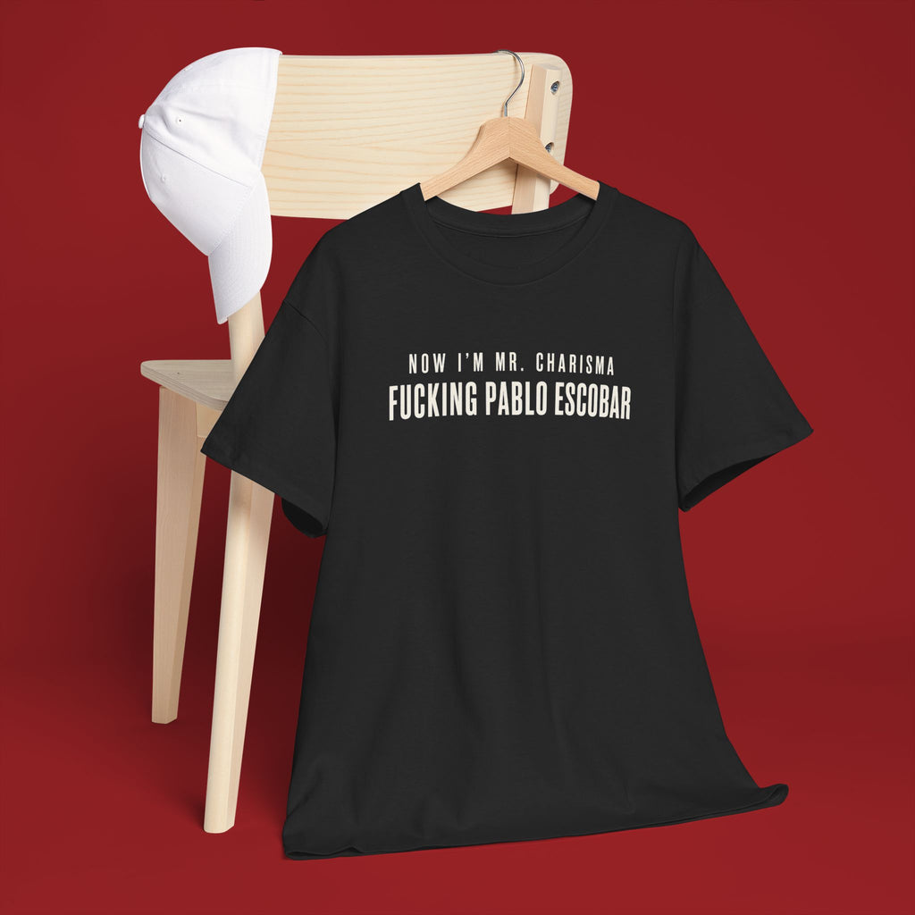 Premium black cotton T-shirt featuring "Now I'm Mr. Charisma" and Dracula lyrics, inspired by Pablo Escobar, by Printify.