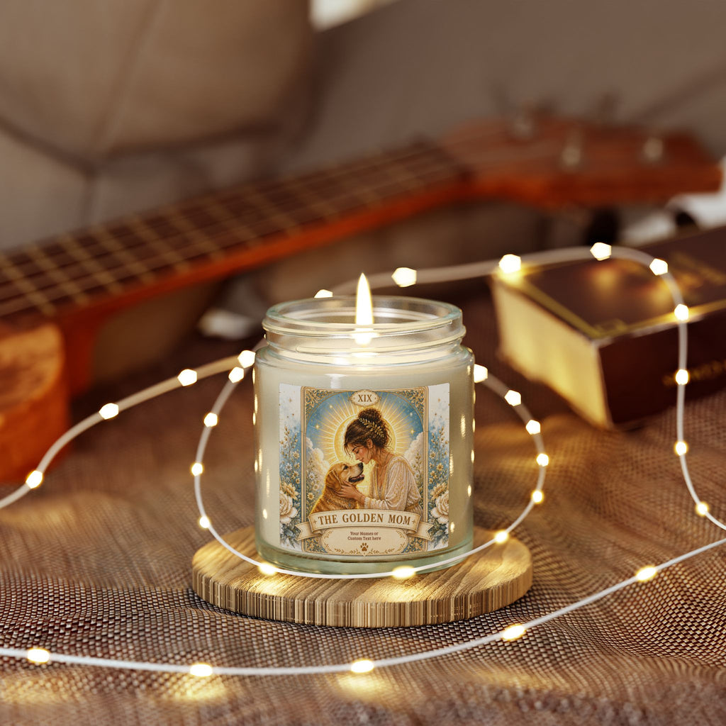 Printify Tarot 'The Golden Mom' scented candle in coconut apricot, 4oz and 9oz, with a decorative label and warm candle wax.