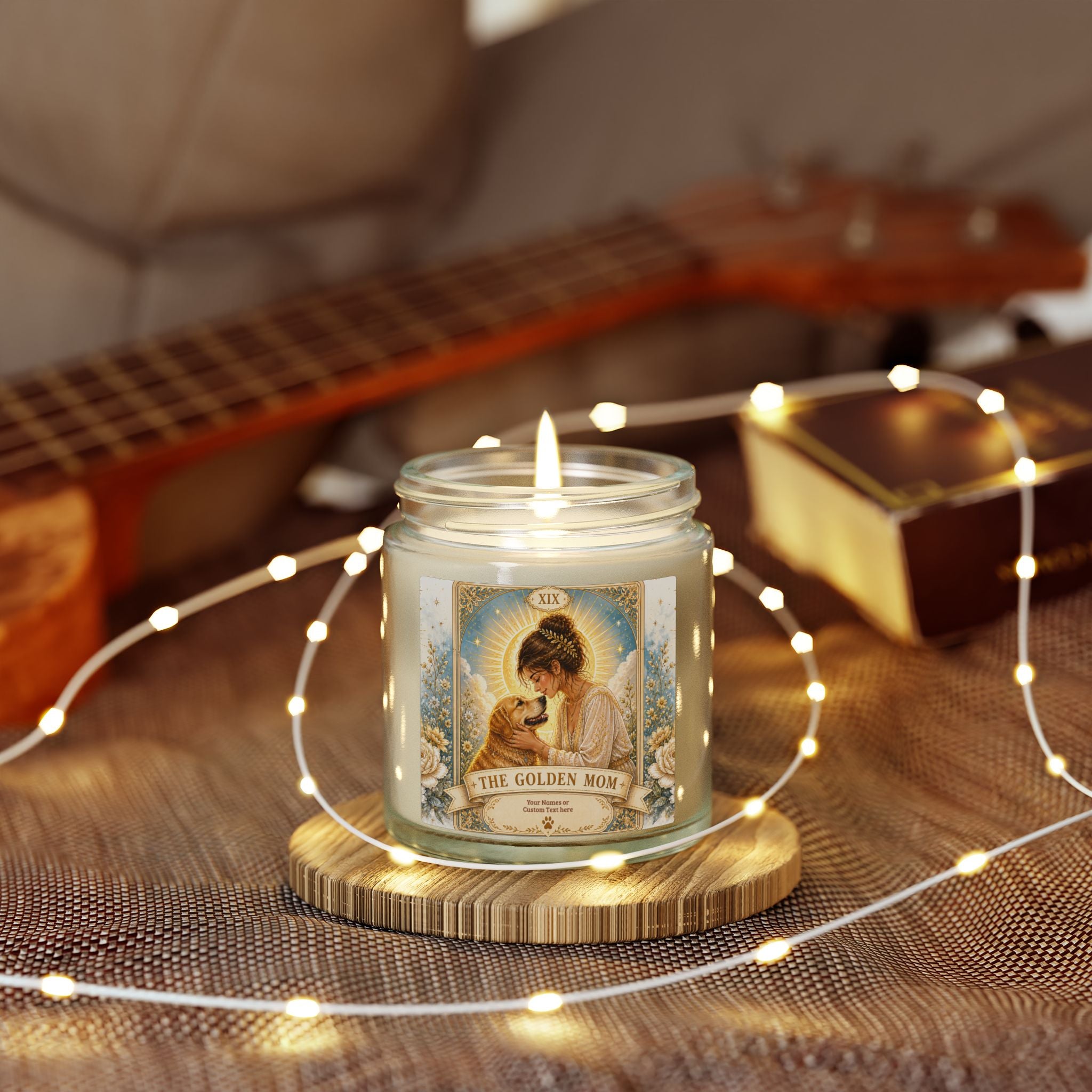 Printify Tarot 'The Golden Mom' scented candle in coconut apricot, 4oz and 9oz, with a decorative label and warm candle wax.