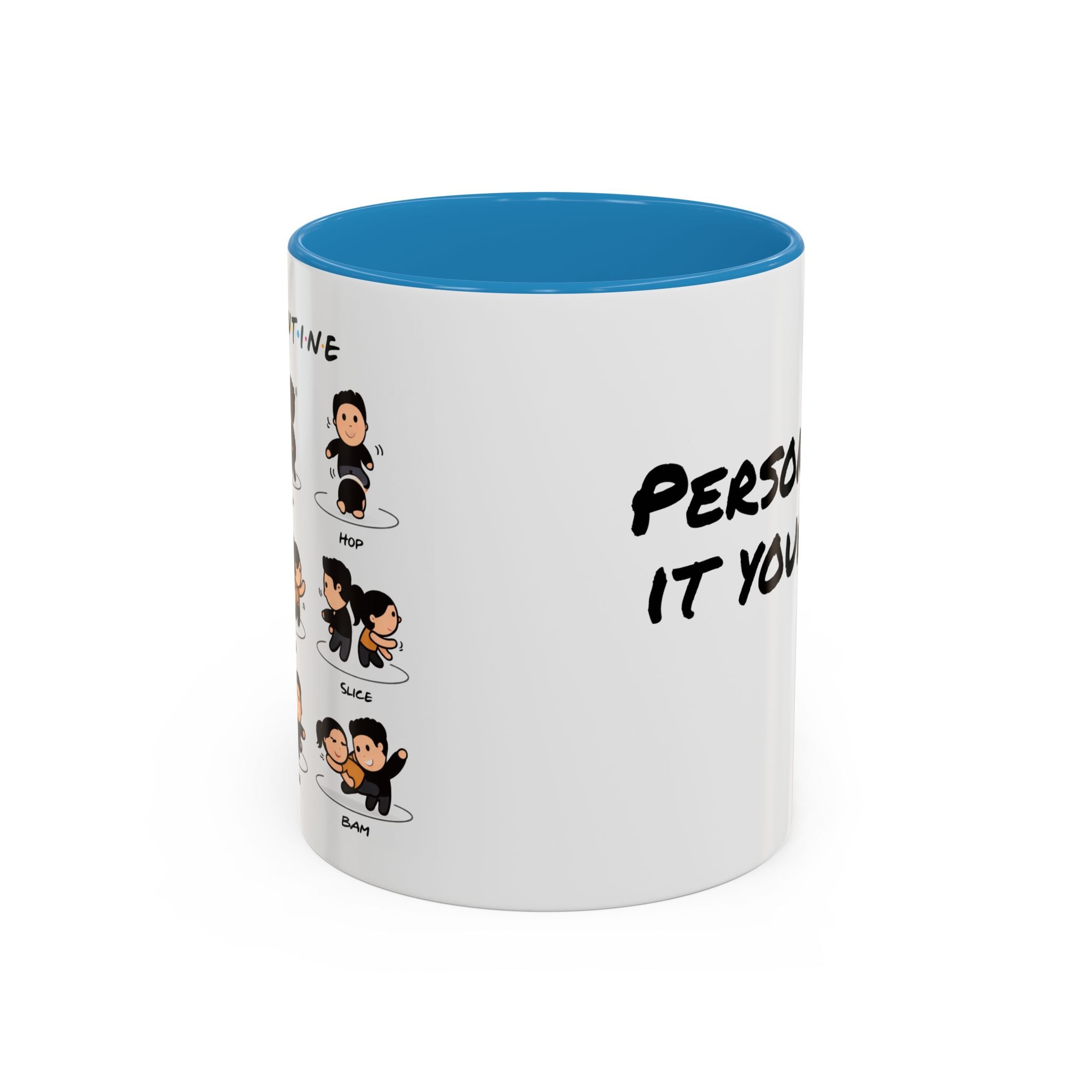 Friends-inspired funny "The Routine" accent coffee mug with printed design, perfect for fans of the TV show.