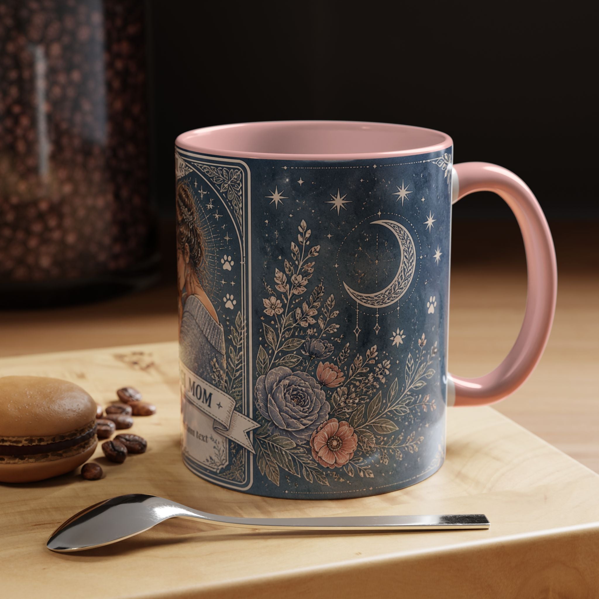 Personalized 'The Corgi Mom' tarot card coffee mug featuring a cute dog mom design, perfect for Corgi lovers.
