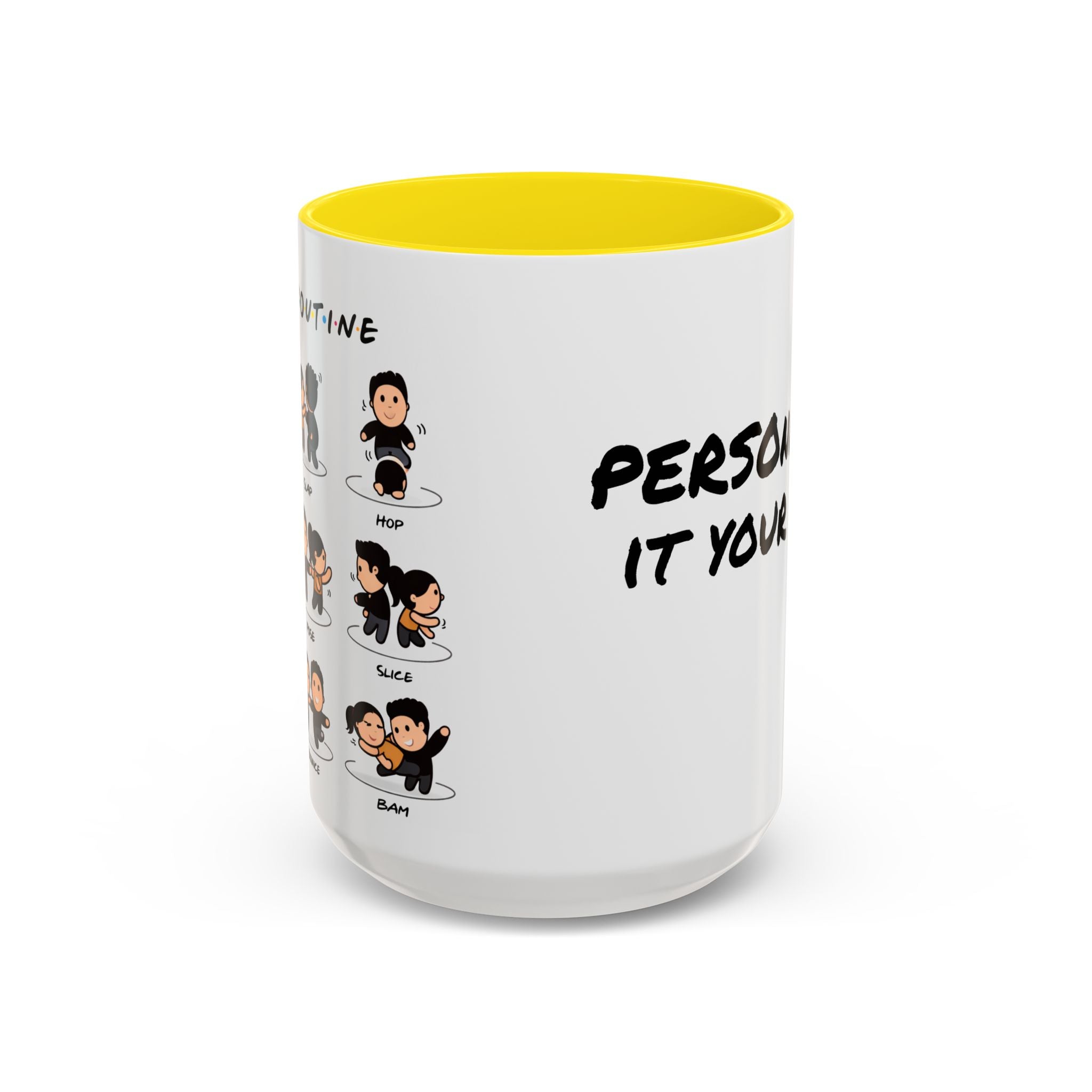 Friends-inspired funny "The Routine" accent coffee mug by Printify, featuring a humorous design on a ceramic mug.