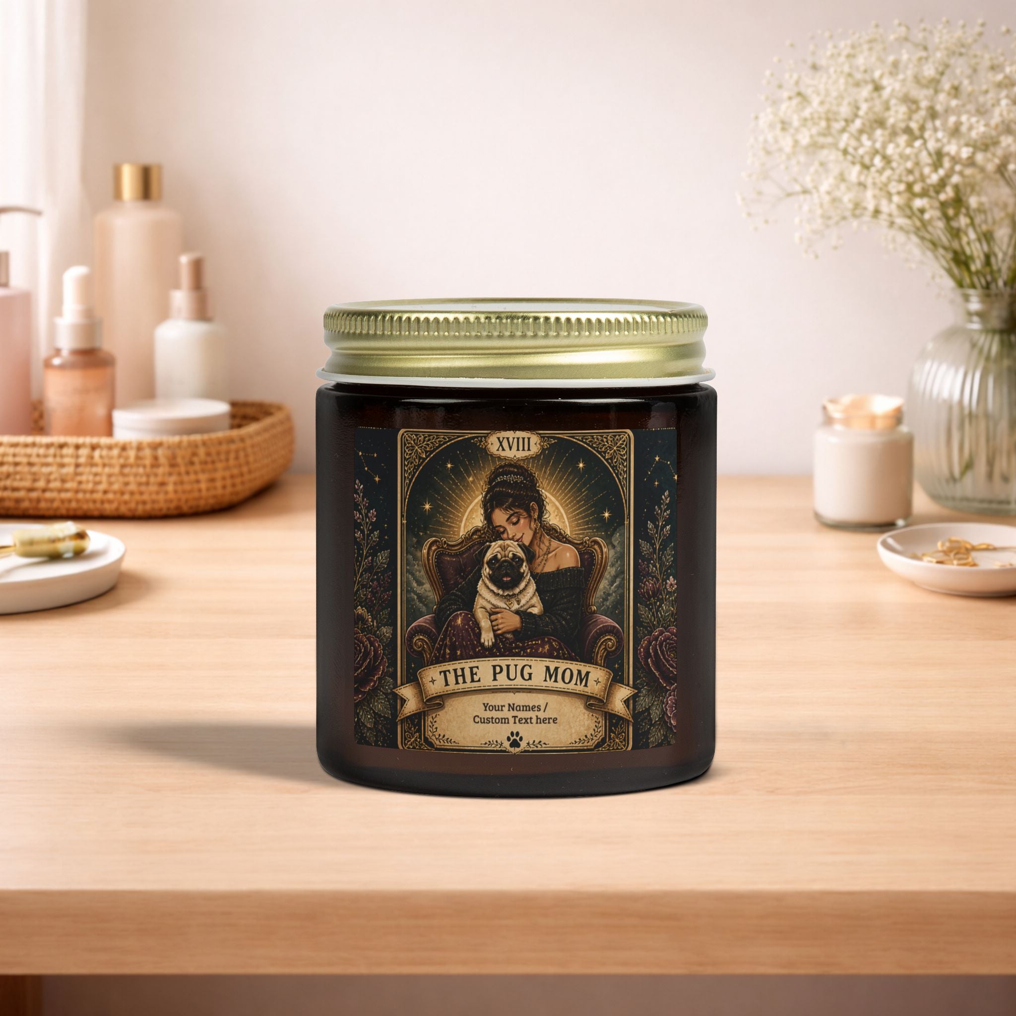 Custom Tarot 'The Pug Mom' scented candle in coconut apricot scent, shown in 4oz and 9oz sizes with decorative packaging.
