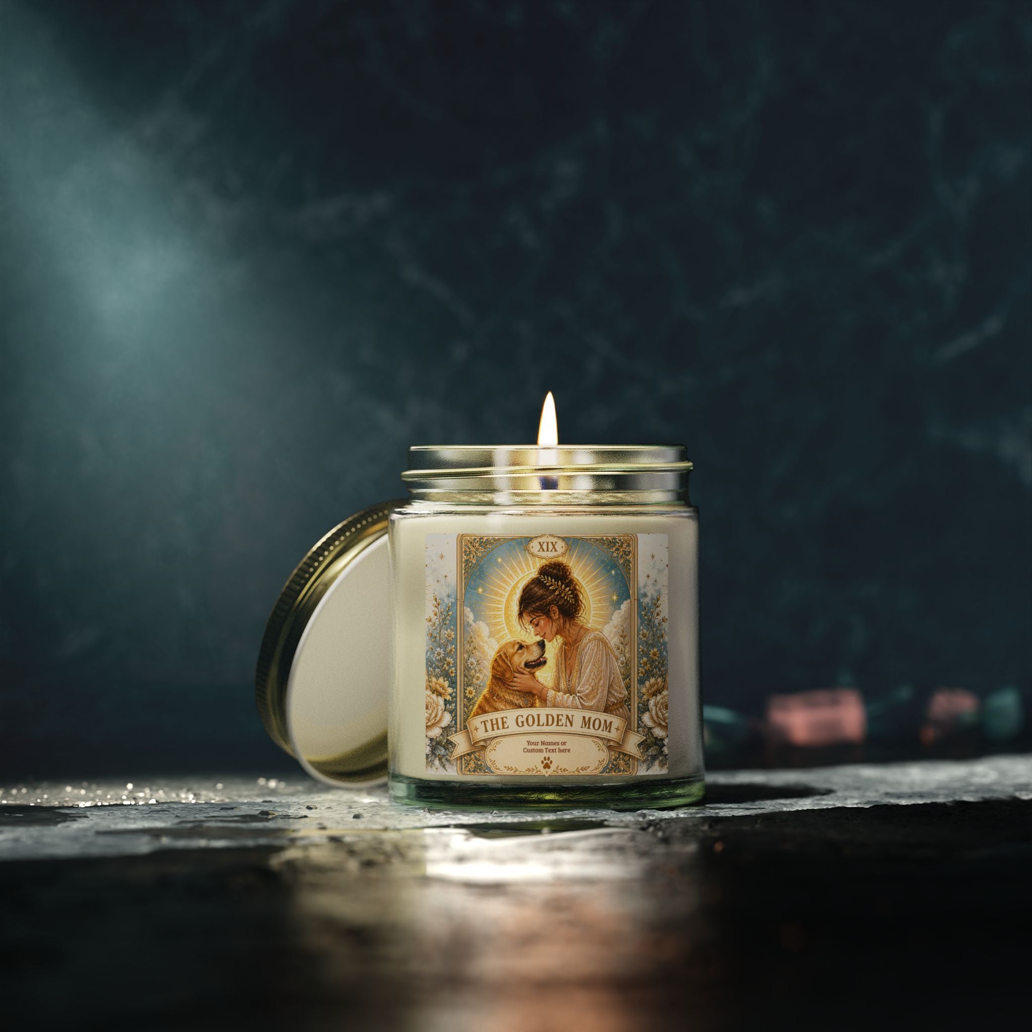 Tarot 'The Golden Mom' scented candle in coconut apricot scent, 4oz or 9oz, decorative home decor from Printify.