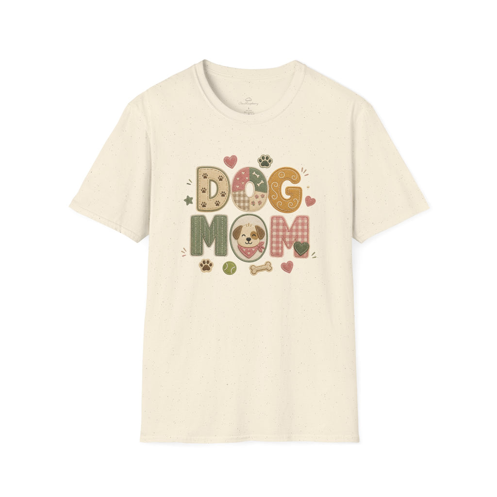 Colorful dog lover T-shirt featuring a patchwork style dog mom design for women, made by Printify.