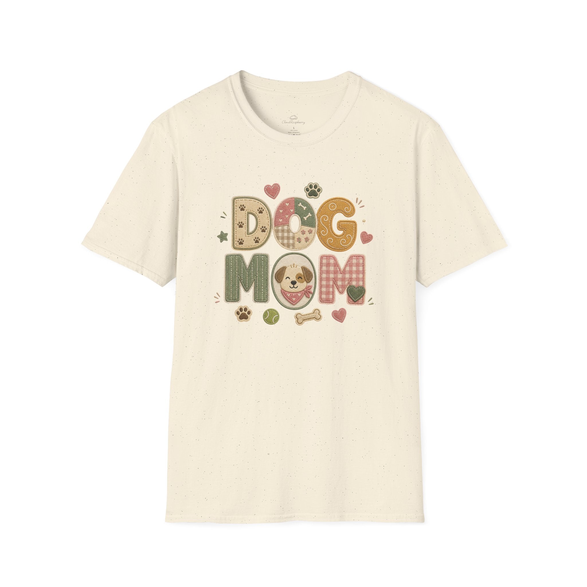 Colorful dog lover T-shirt featuring a patchwork style dog mom design for women, made by Printify.