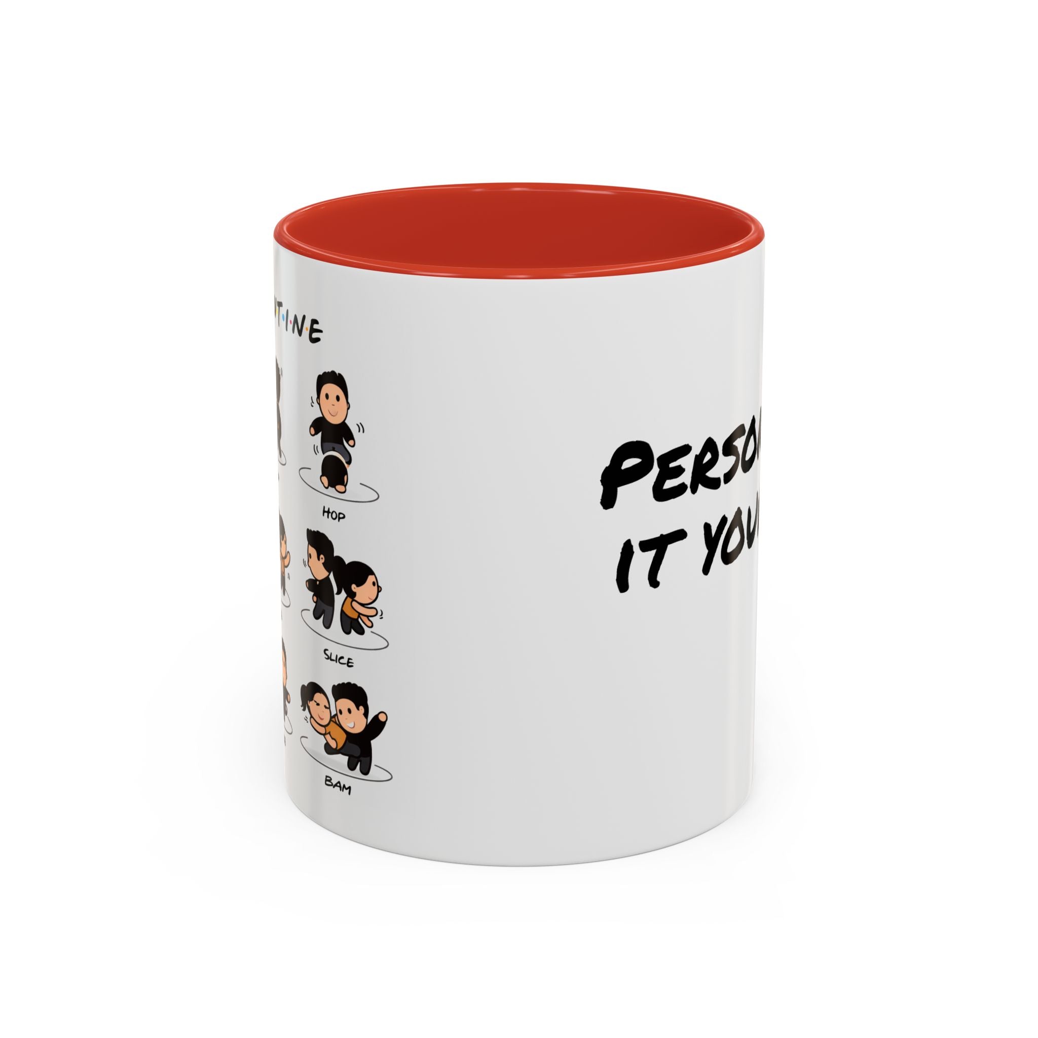 Friends-inspired funny "The Routine" accent coffee mug with orange interior and handle, featuring a humorous quote design.