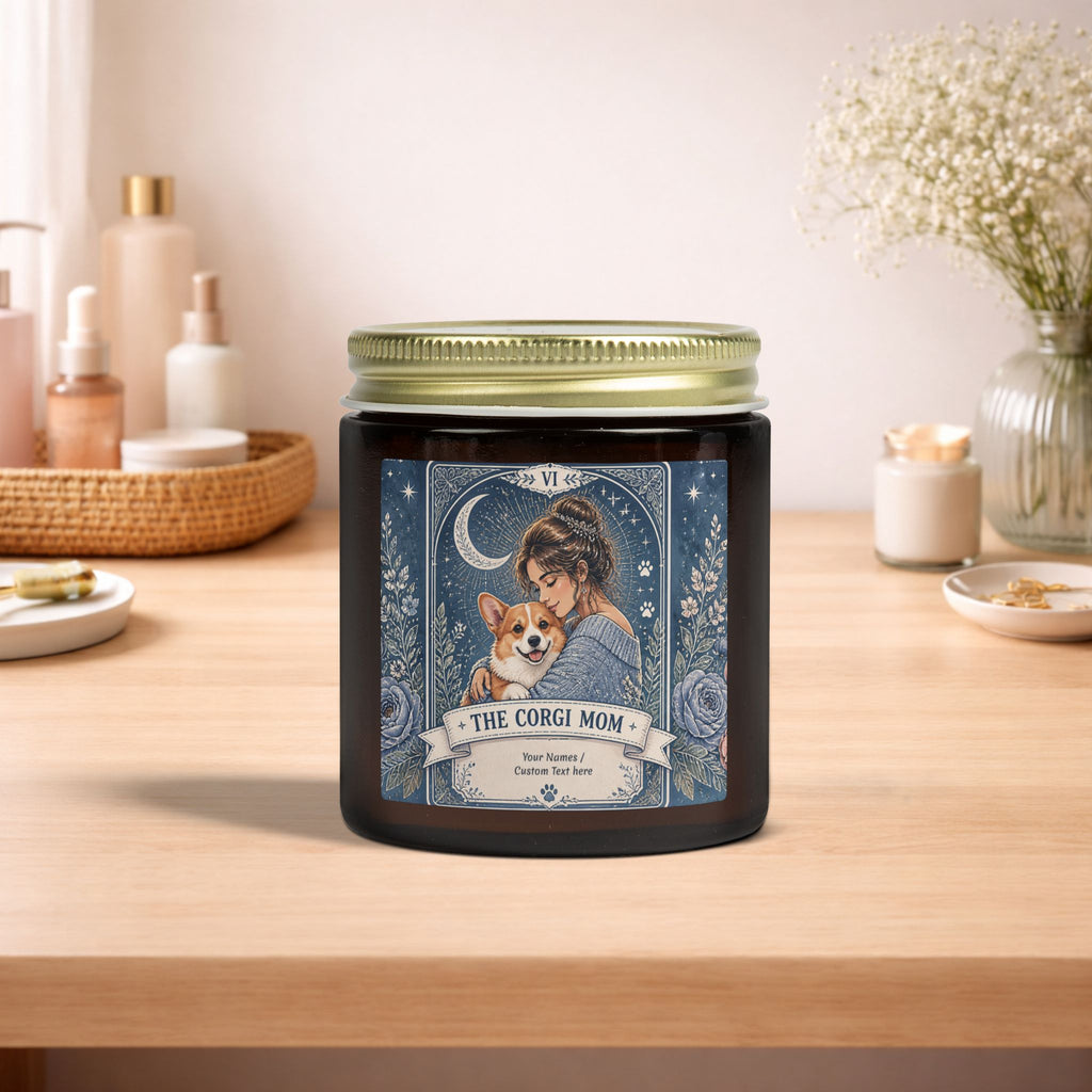 Personalized Corgi Mom scented candle with coconut apricot wax, custom label featuring tarot design, for cozy home decor.