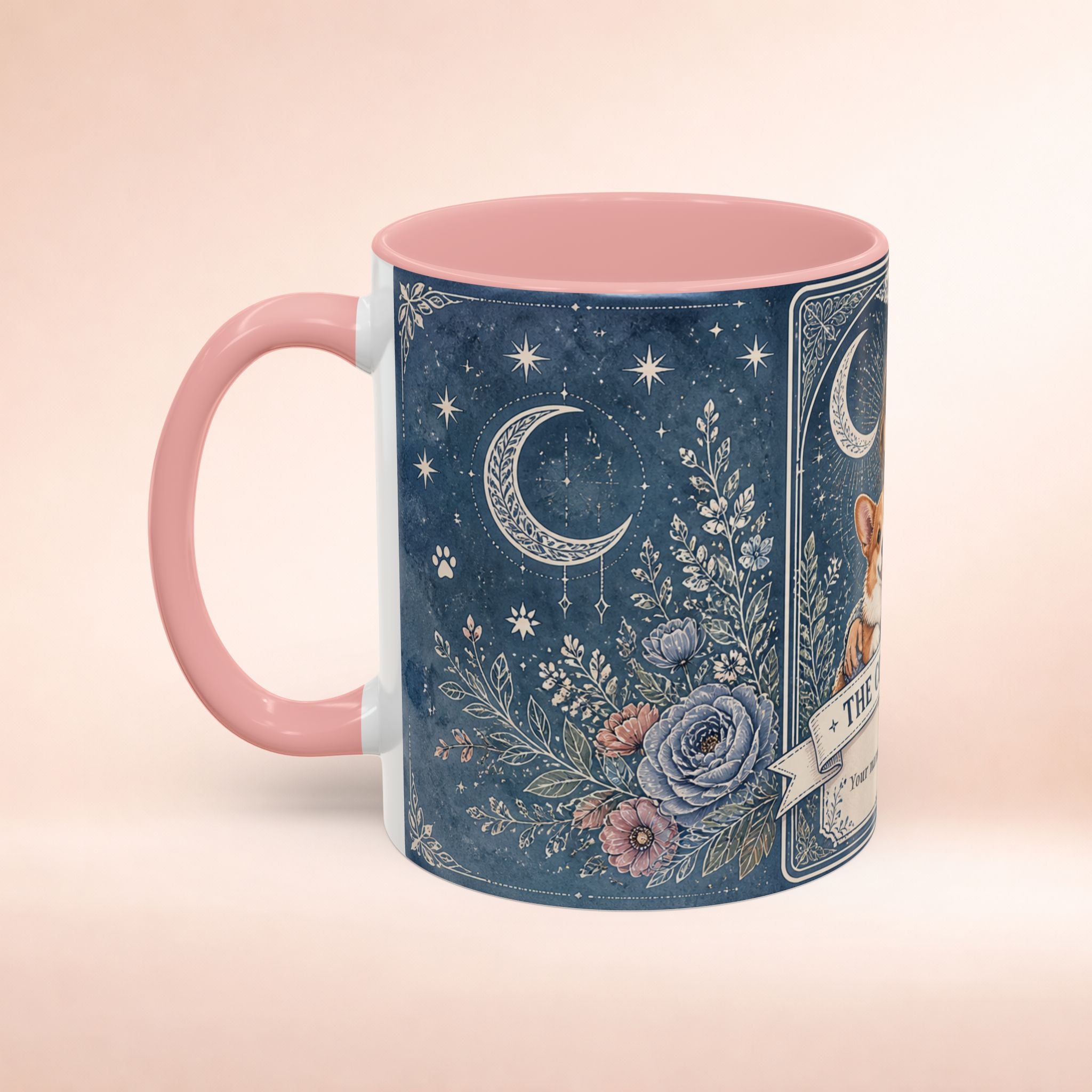 Personalized 'The Corgi Mom' tarot card accent coffee mug featuring a cute dog-themed design, ideal for dog mom gift.