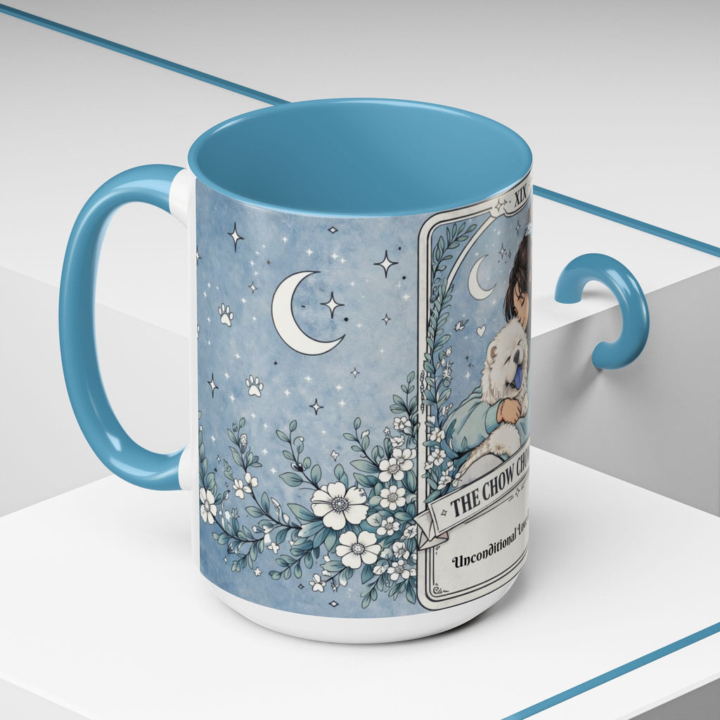 Personalized Chow Chow Mom tarot card mug with custom name, featuring a loyal Chow Chow dog illustration, ideal for dog lovers.