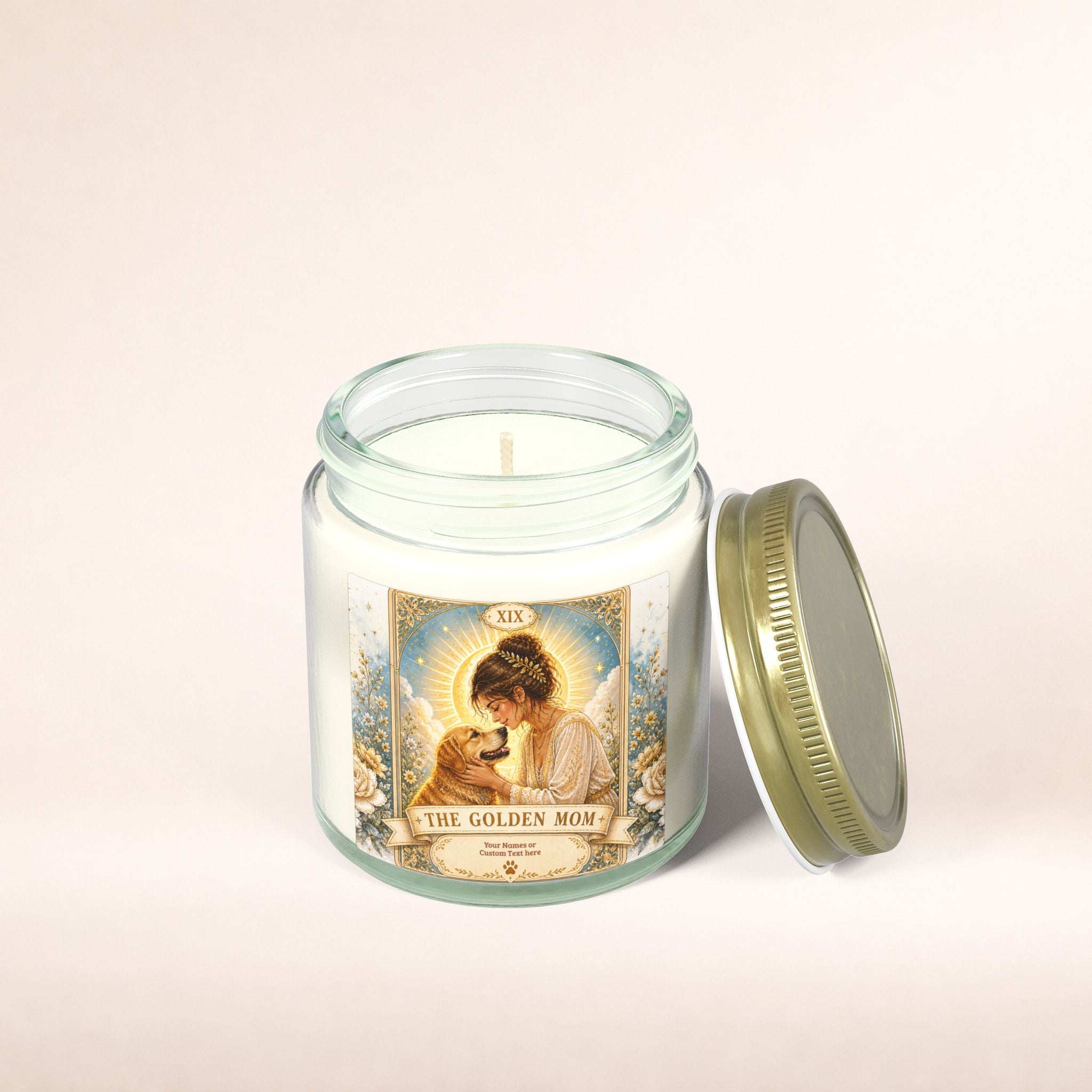 Decorative scented candle from Tarot 'The Golden Mom' collection by Printify, featuring coconut apricot fragrance in a 4oz or 9oz size.