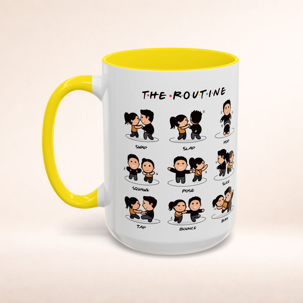 Friends-inspired funny "The Routine" accent coffee mug with colorful design, perfect for fans of the TV show.