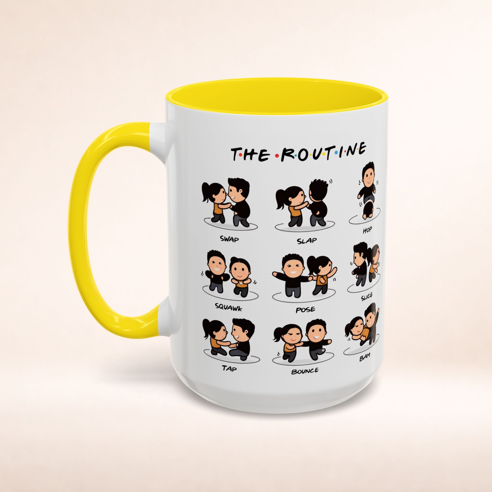 Friends-inspired funny "The Routine" accent coffee mug with colorful design, perfect for fans of the TV show.
