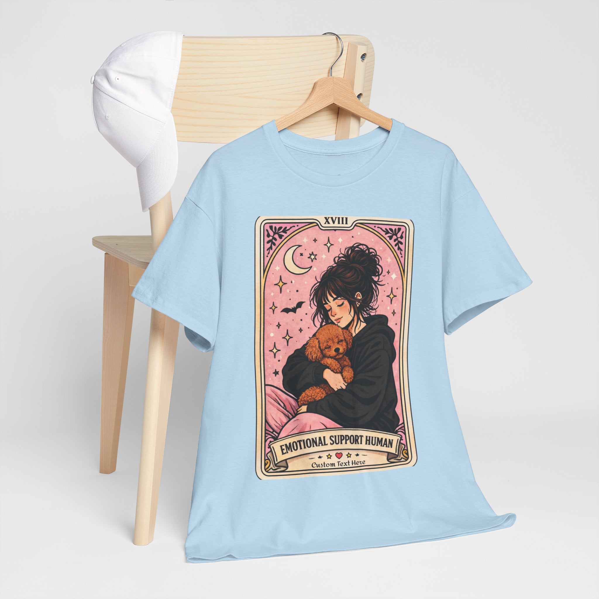 Personalized emotional support human T-shirt featuring a funny dog mom tarot design, ideal for anxiety comfort and poodle mom humor.