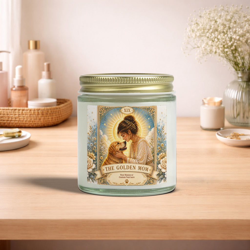 Golden Mom Tarot scented candle in coconut apricot scent, 4oz or 9oz, featuring elegant home decor design.