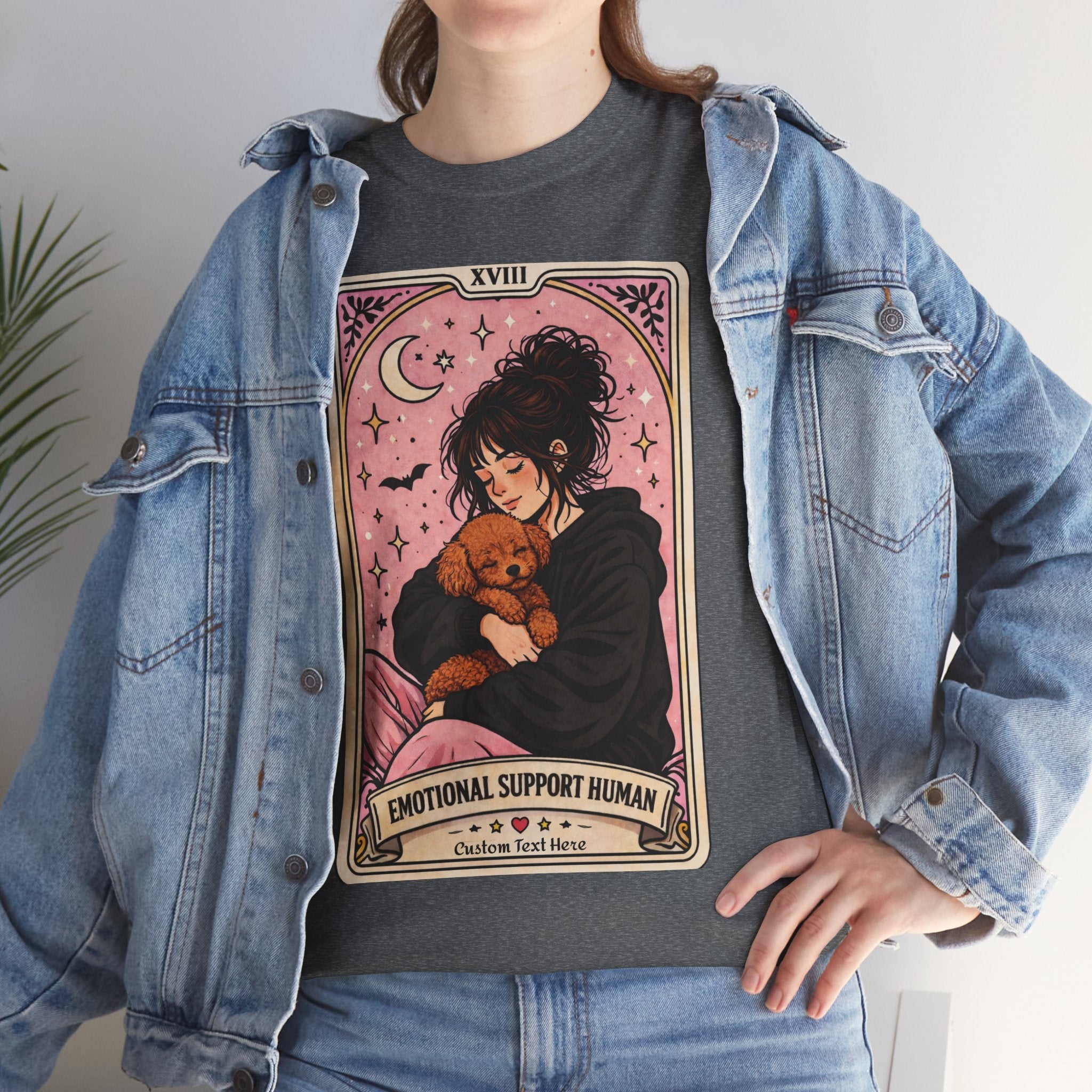 Personalized emotional support T-shirt featuring a funny dog mom tarot design, perfect for Poodle moms seeking comfort.