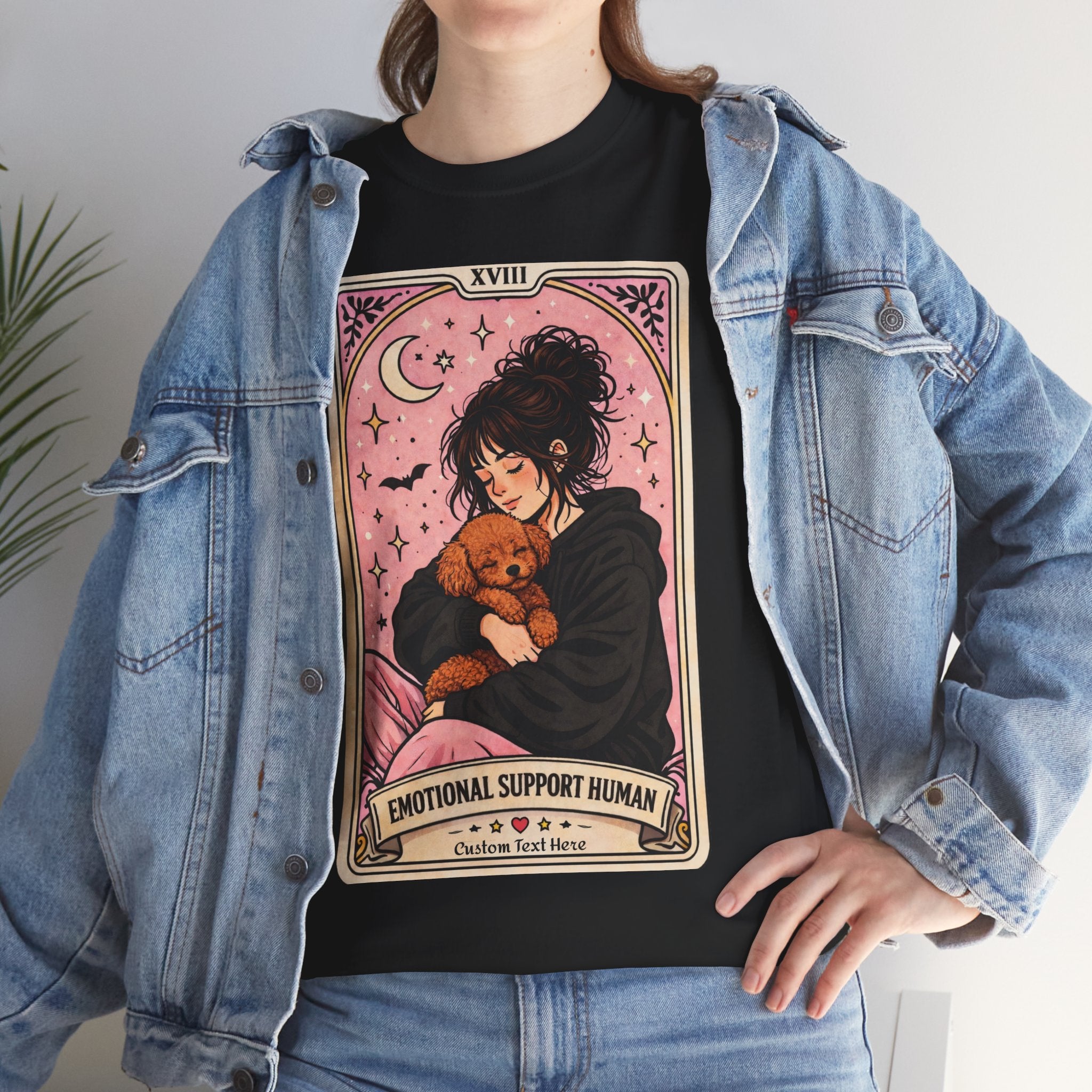 Personalized emotional support T-shirt featuring a funny dog mom tarot design, ideal for poodle moms seeking comfort and humor.