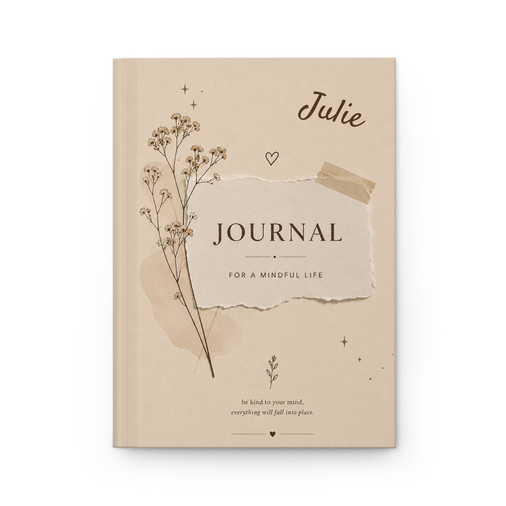 Personalized Neutral Aesthetic Journal, Custom Name Notebook, Minimalist Beige Floral Journal, Mindfulness Diary Gift for Women