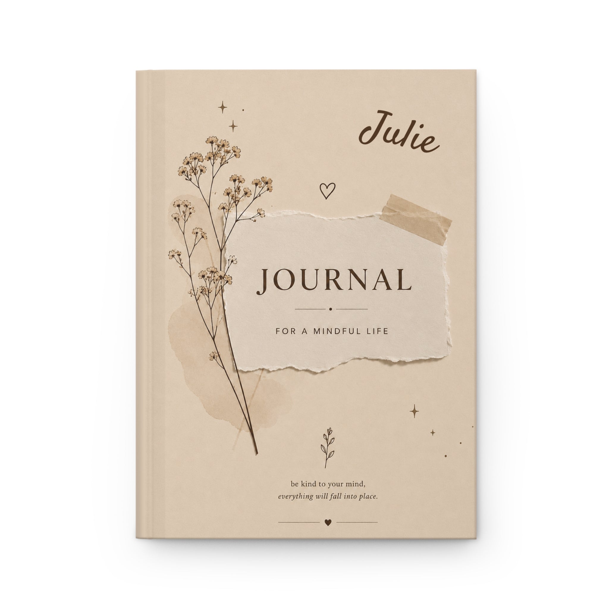 Personalized Neutral Aesthetic Journal, Custom Name Notebook, Minimalist Beige Floral Journal, Mindfulness Diary Gift for Women
