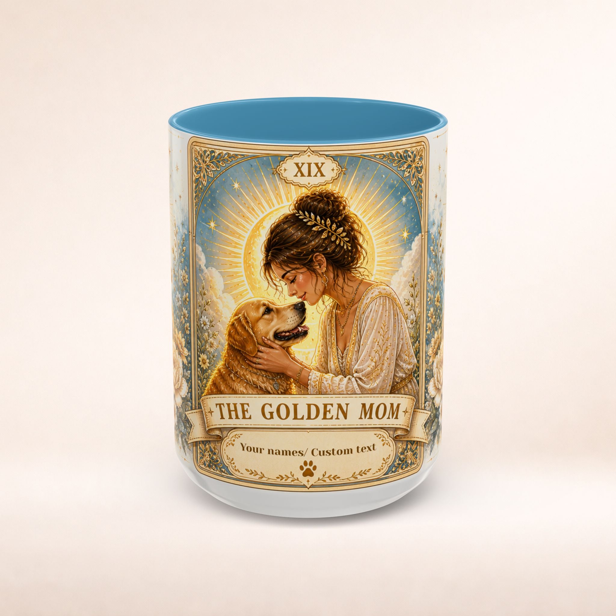 Personalized 'The Golden Mom' tarot card accent coffee mug with dog motif, custom printed for dog moms, by Printify.