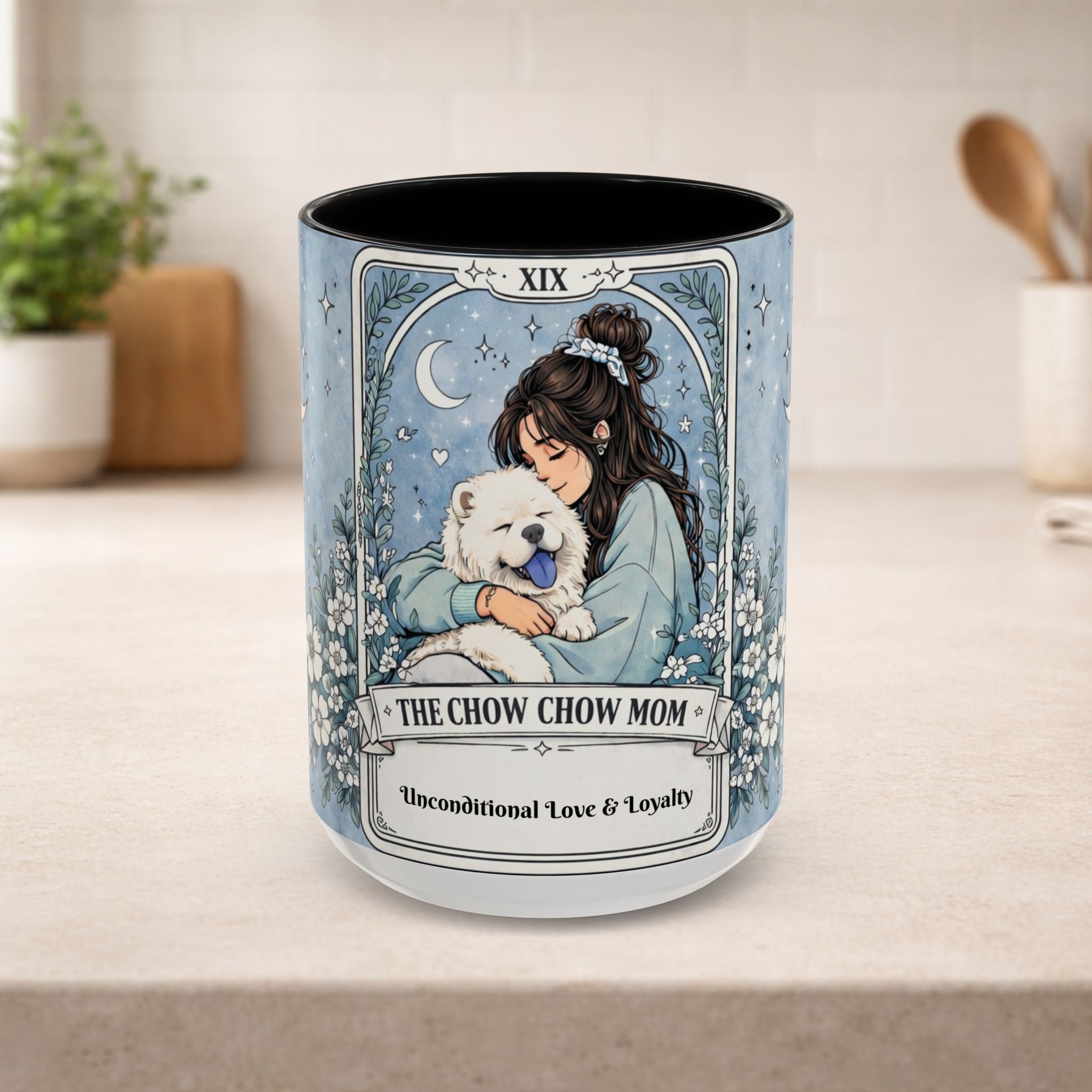 Personalized Chow Chow Mom tarot card mug with custom name, perfect for dog lovers and Chow Chow enthusiasts.
