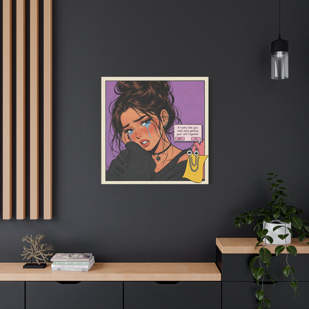 Retro Sad Girl Pop Art Canvas Print featuring bold text and vibrant colors, perfect for modern wall decor.